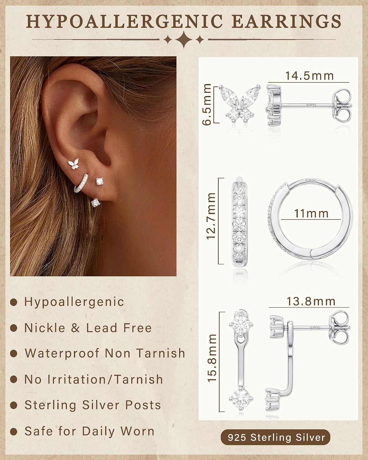 Detalle 2 de ZNBOH Set aus 3 Paar Ohrringen in 925 Silber, vergoldet (18K) – Zirkonia-Schmuck für Damen & Mädchen