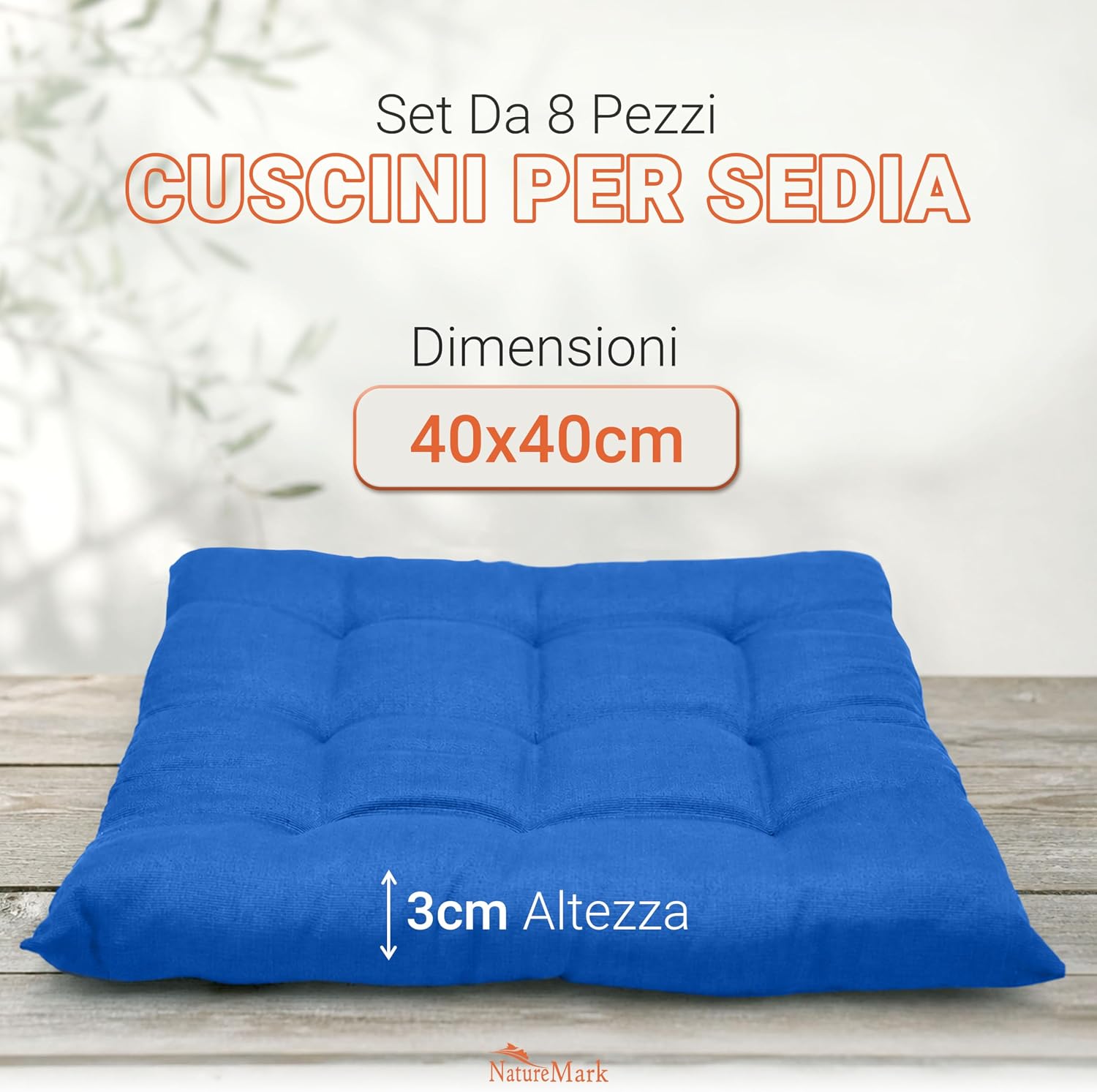 Detalle de NatureMark Set 8 Cuscini per Sedie 40x40 cm – Blu Reale