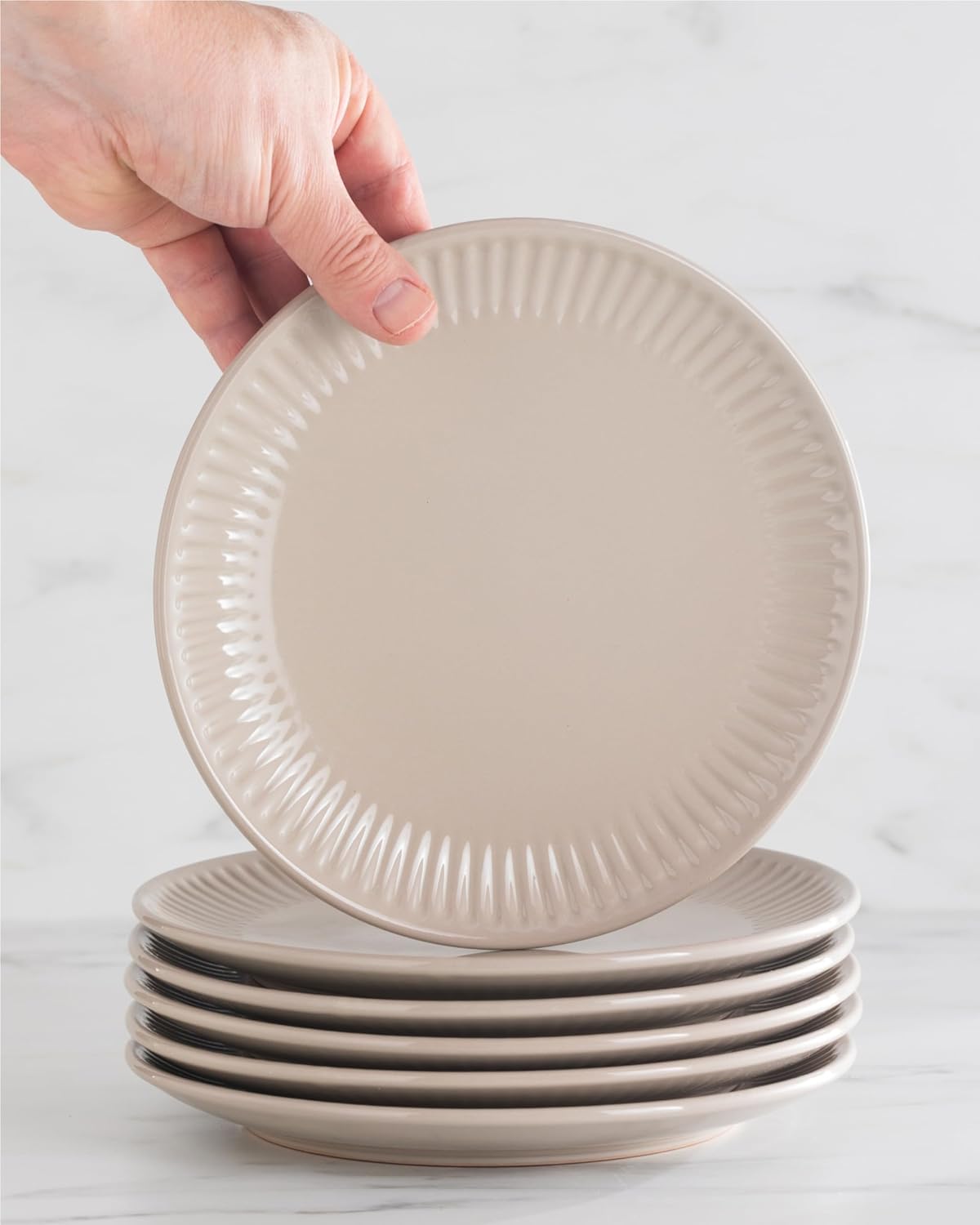 Thumbnail 6 de HYGGE 16-Piece Stoneware Dinnerware Set for 4 | Elegant Scandi Ribbed Design in Light Brown
