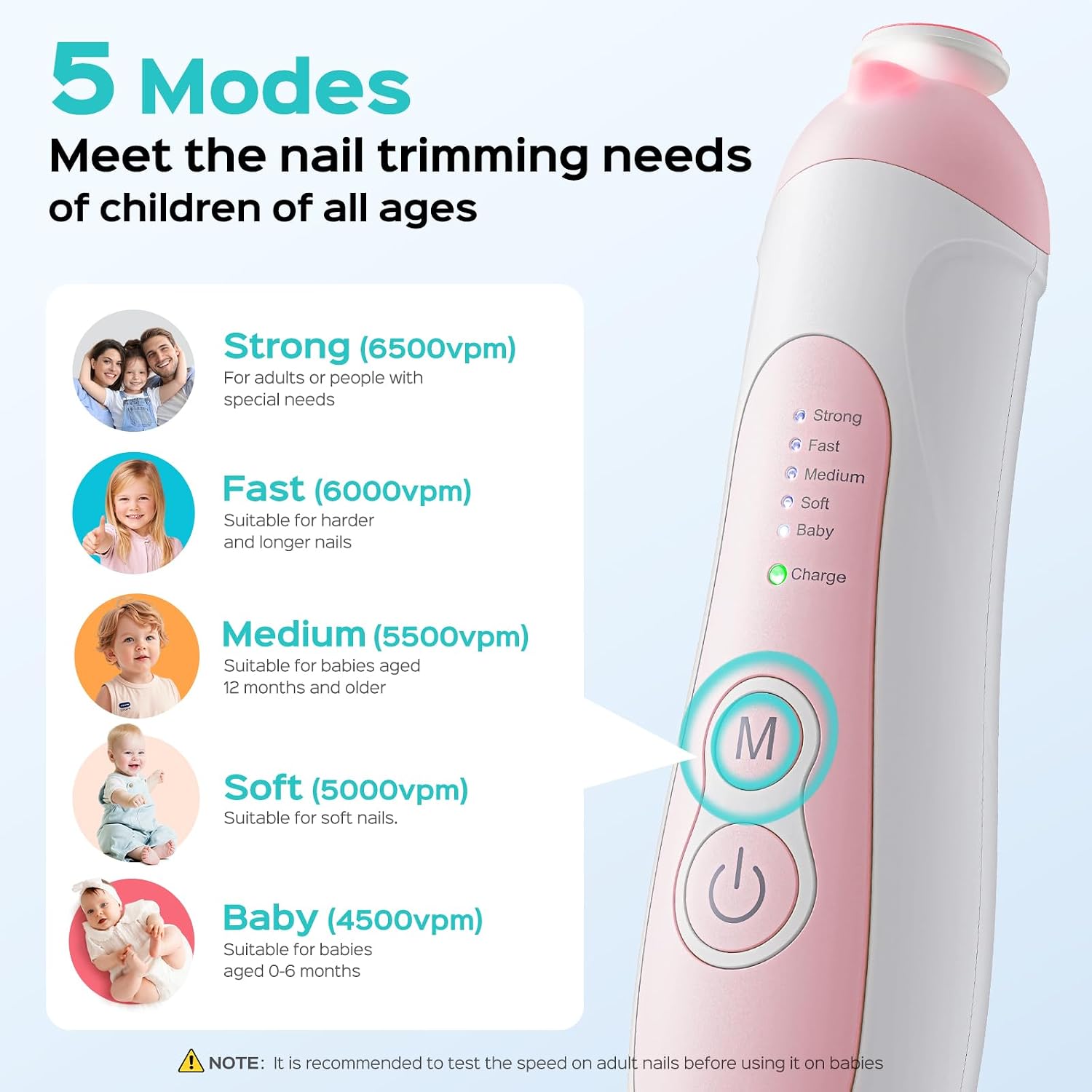 Thumbnail 2 de COSLUS C52 Rechargeable Baby Nail File (Cordless) with 5 Speeds, 6 Grinding Heads & LED Light - Pink
