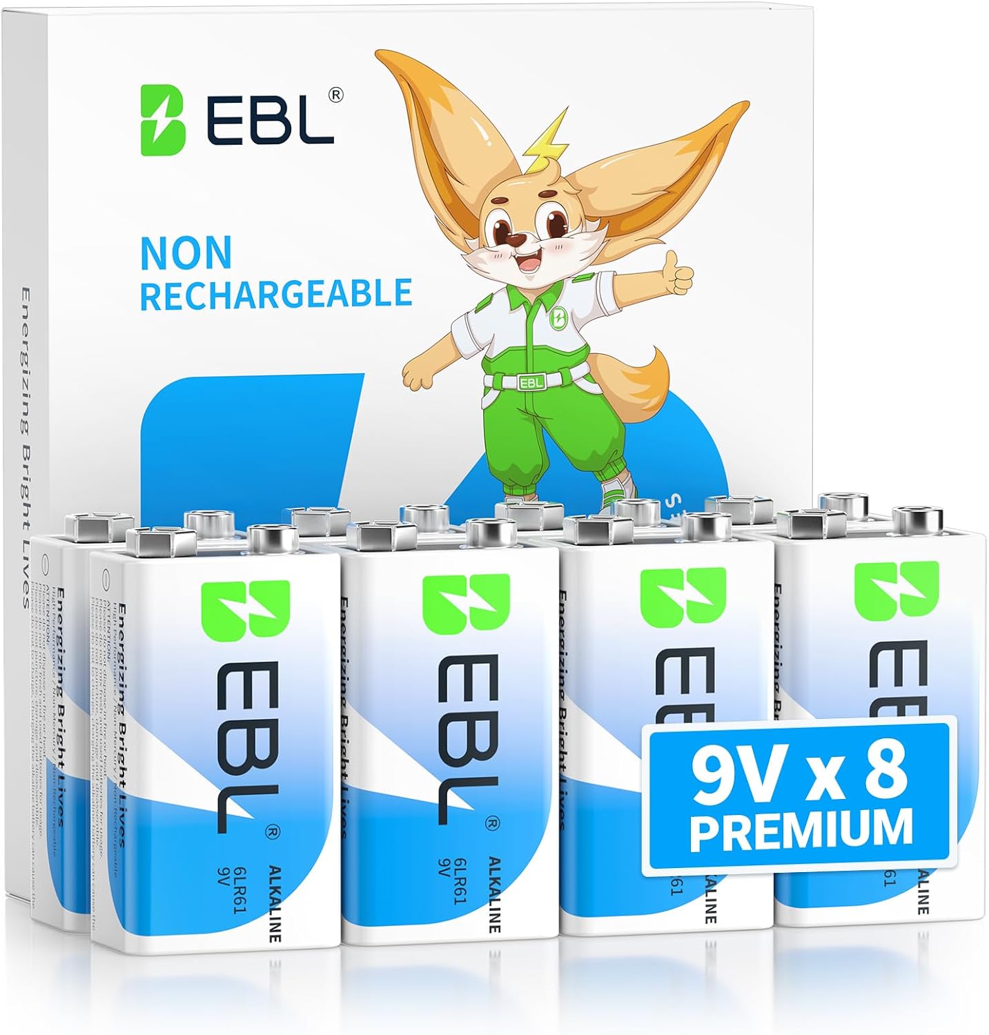 Detalle de EBL 9V Batteries 8 Pack — Alkaline, Non-Rechargeable, 7-Year Shelf Life