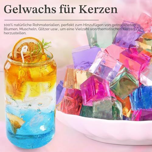 Detalle de Blingfun Gel-Wachs-Set für DIY-Kerzen: 7 Farben, 9 Gel-Wachs-Stücke, langsames Brennen (130°C) inkl. Dochte und Halter