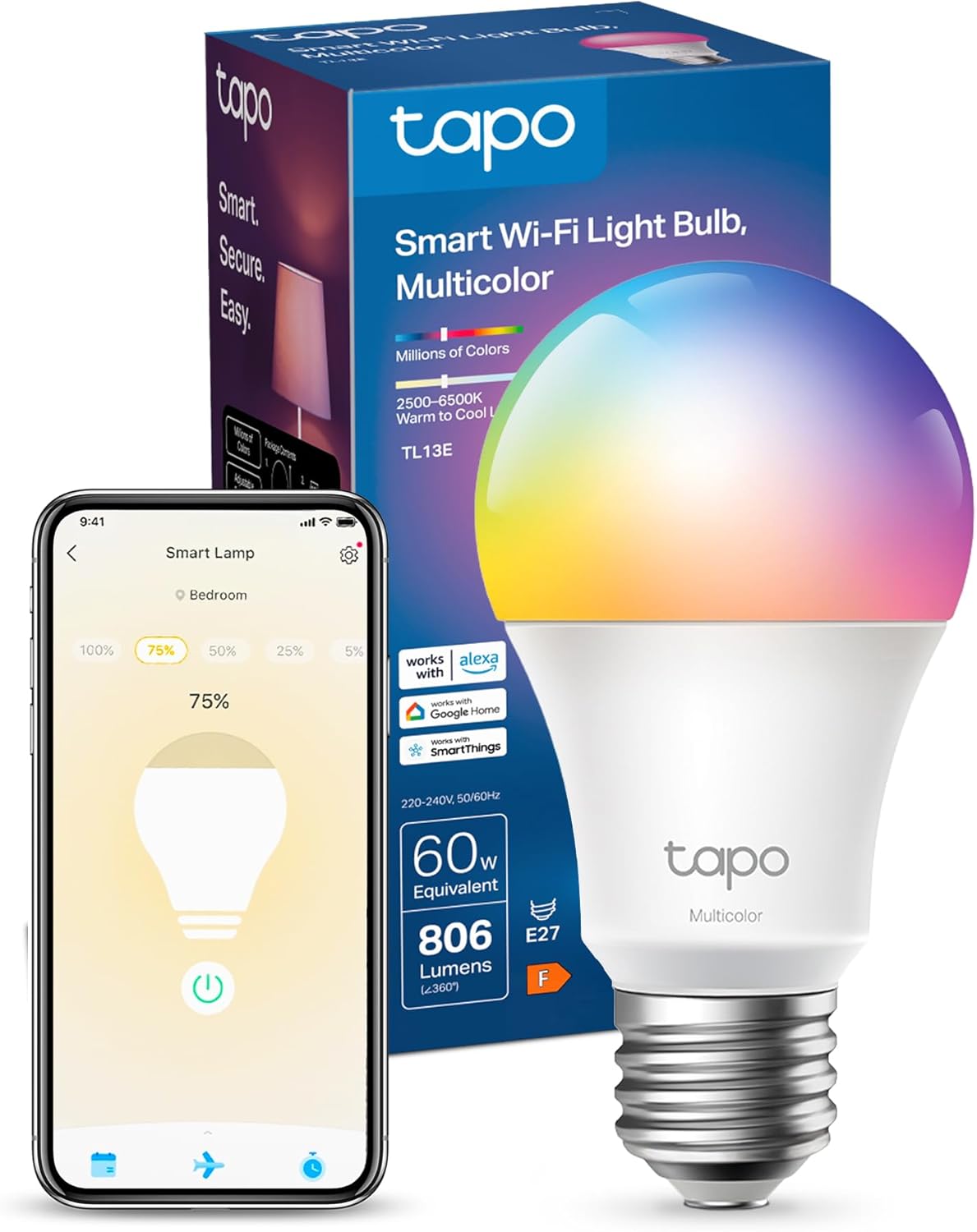 Detalle de Tapo NEW TL13E Smart Bulb, E27 Multicolour with Alexa & Google Voice Control