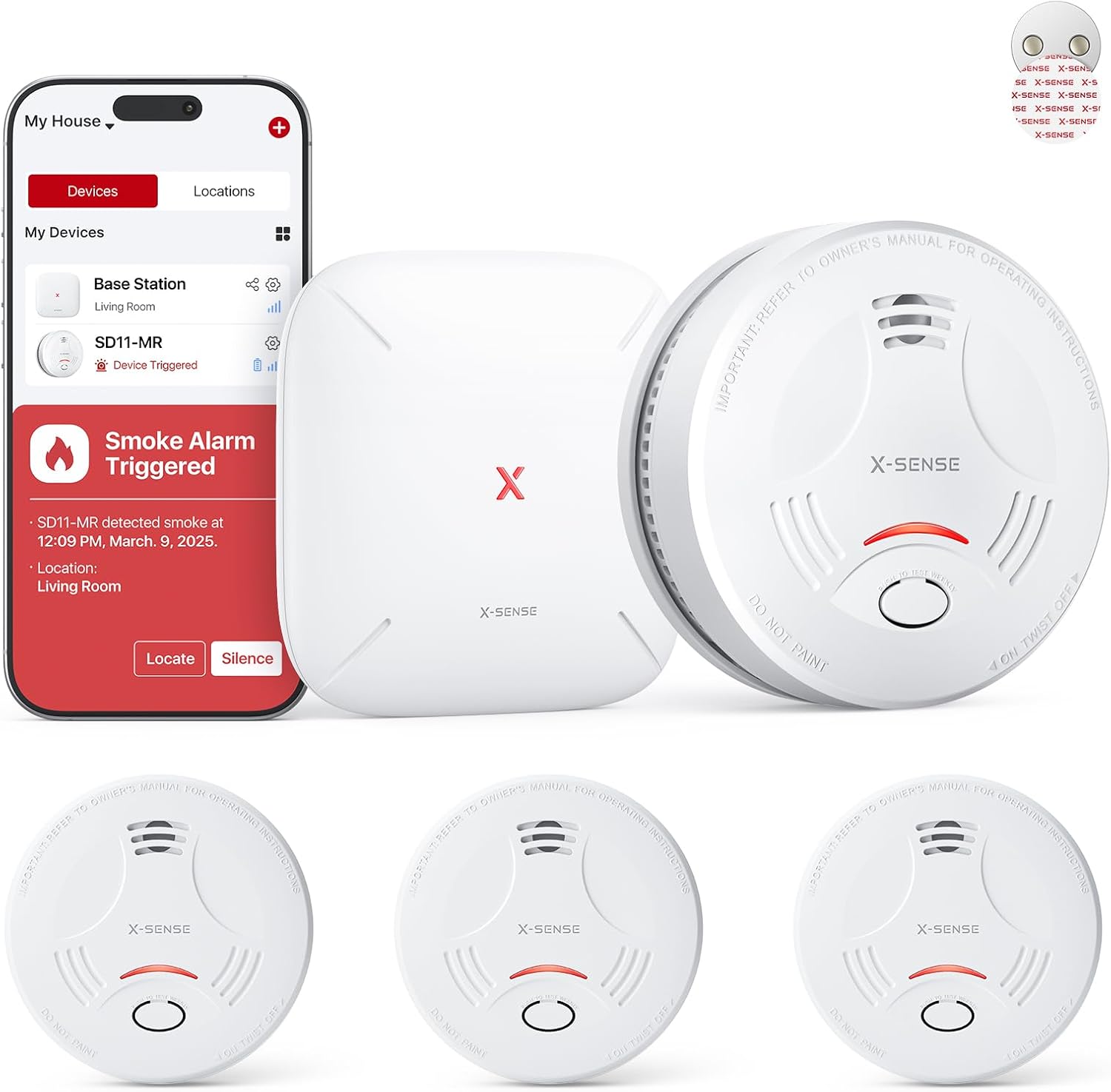 X-Sense Smart Smoke Alarm with SBS50 Base Station (SD11-MR31) — app alerts and wireless interlink