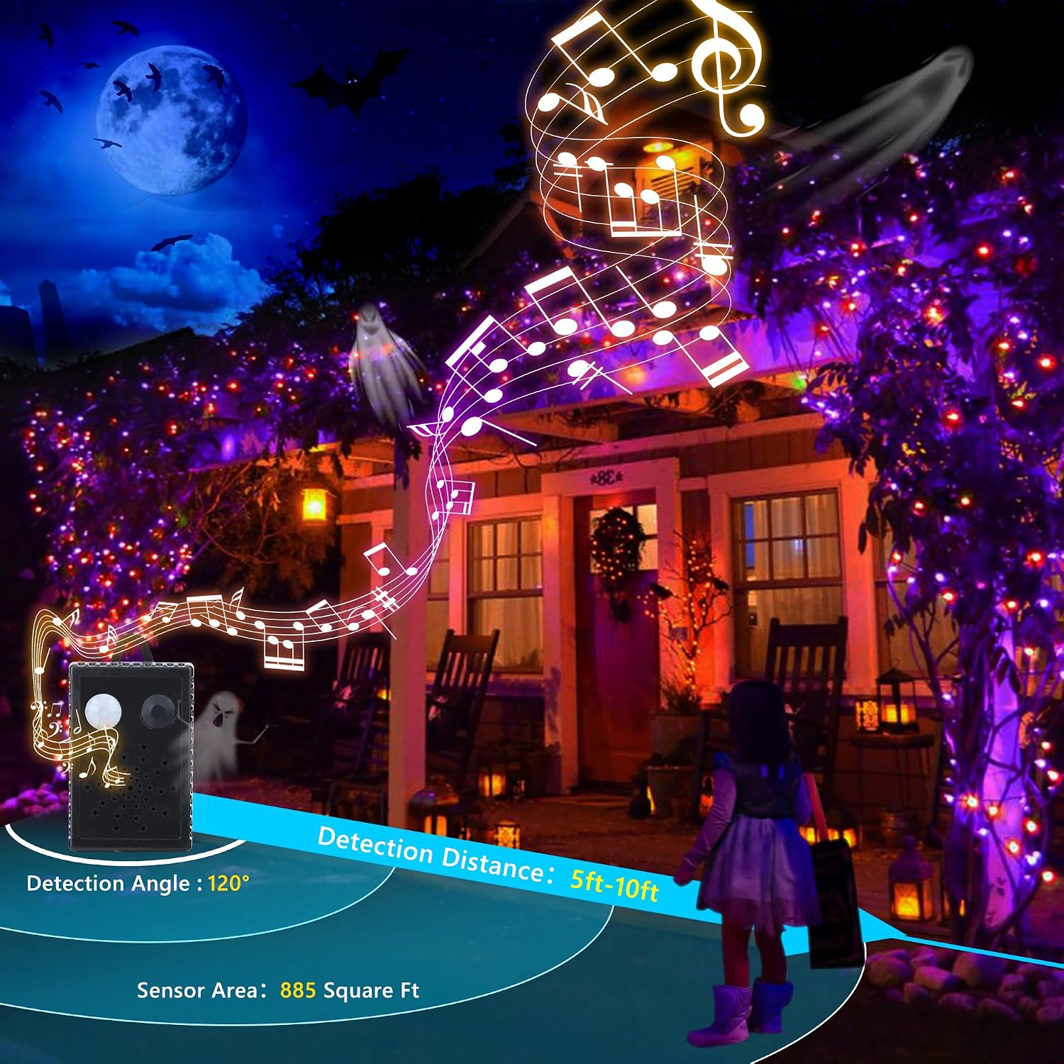 Detalle de NEXVIN Halloween Deko Outdoor mit Lichterkette und Horror Sound – 20 m, 200 LEDs, Memory-Funktion, 6 Modi, IP44