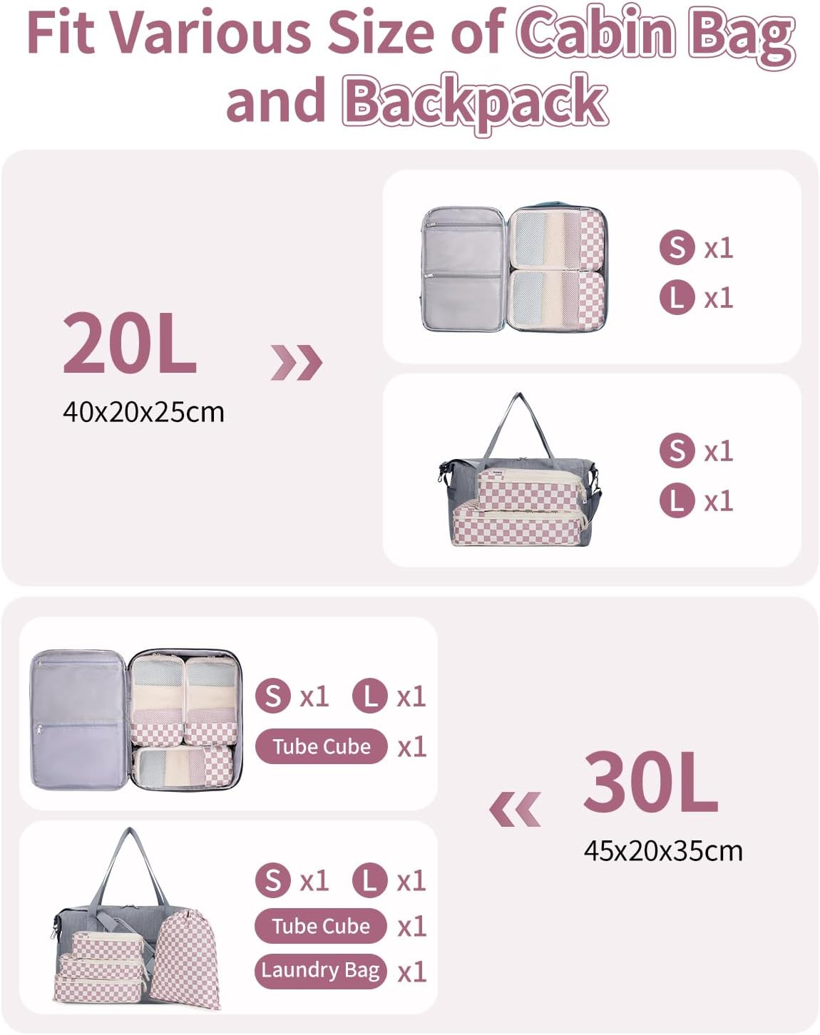 Detalle 2 de Narwey 6 Set Compression Packing Cubes for Carry-On Luggage (Checkerboard Dusty Rose)