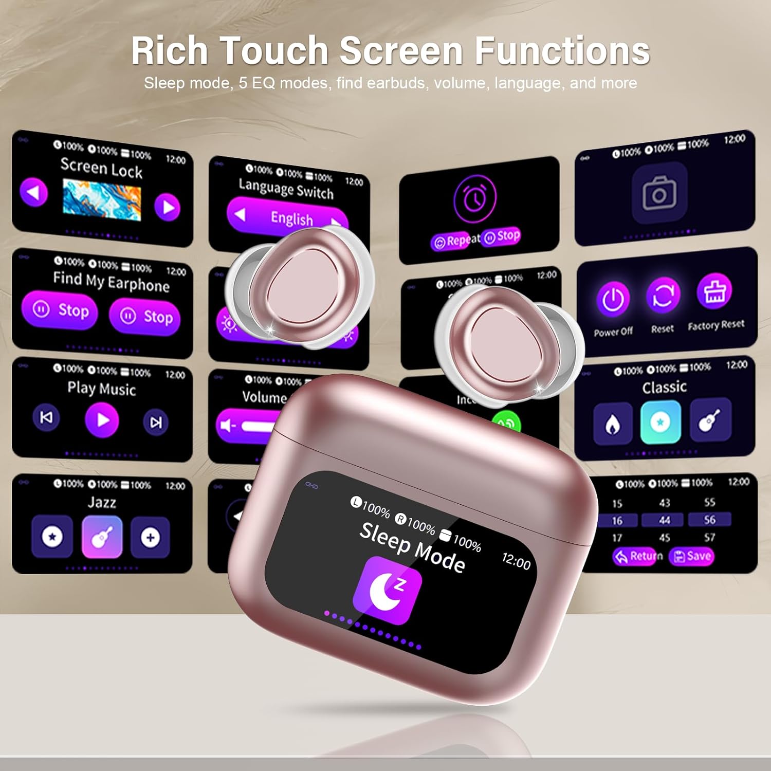 Thumbnail 3 de ZYHKON Schlafkopfhörer In Ear mit Touchscreen – Bluetooth 5.4, 48h Laufzeit, Sleep-Modus, 5 EQ-Modi, ENC, Rosa