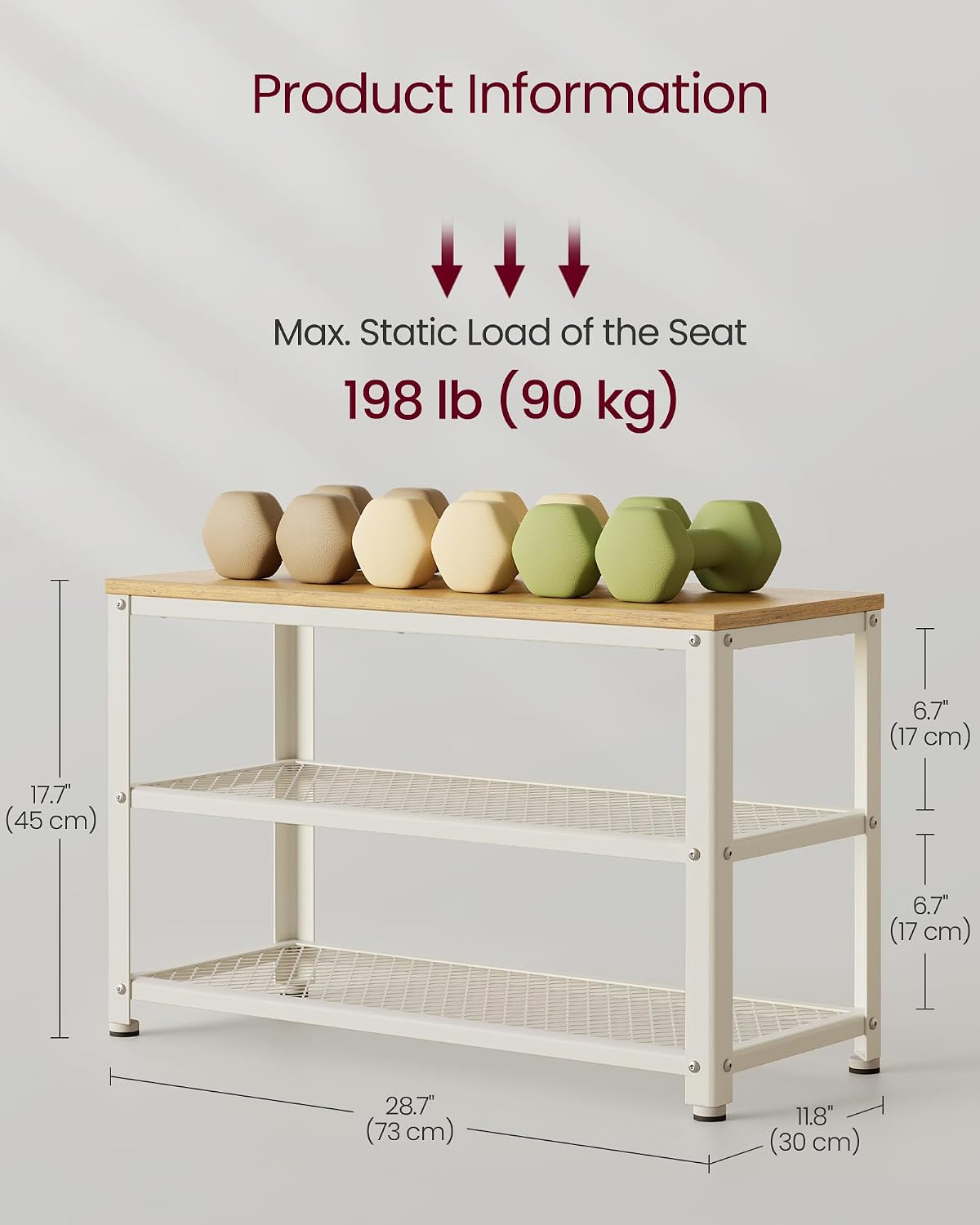 Detalle de VASAGLE Daxton Collection LBS073W09 Shoe Bench with Seat, 2 Mesh Shelves