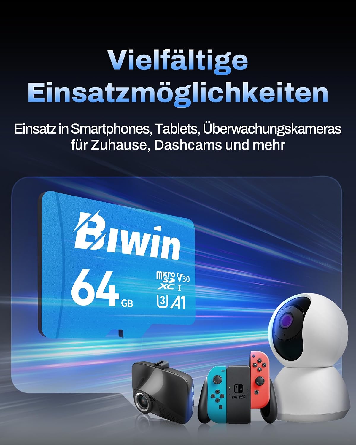 Detalle de Biwin MS100 MicroSDXC 64GB – UHS-I U3/V30, Lesen bis 100 MB/s