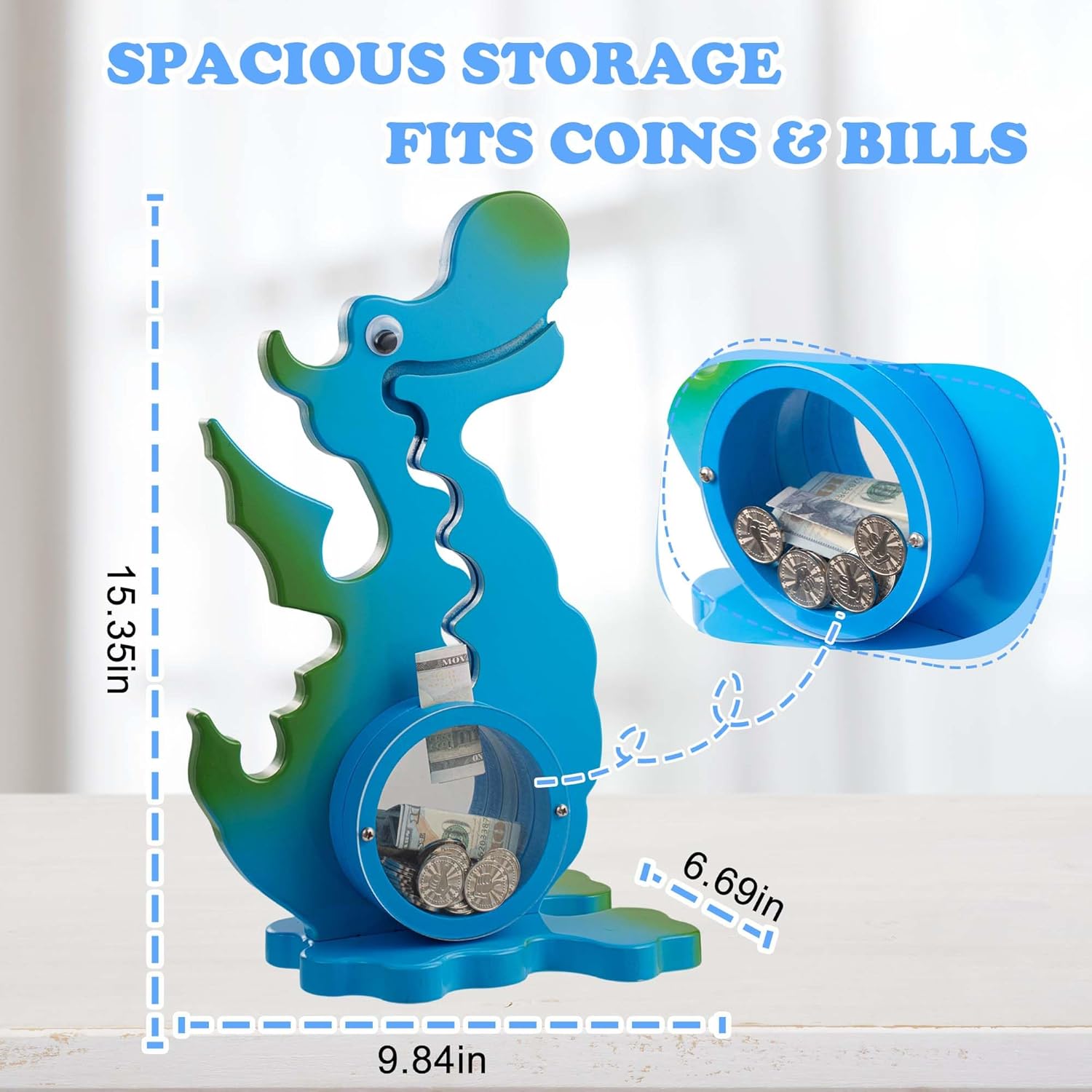 Detalle 2 de AORCMITN Wooden Dragon Piggy Bank: Interactive Dino Saving Toy for Kids