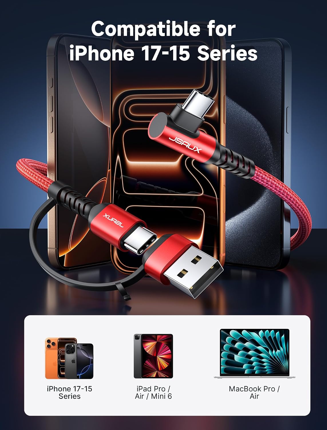 Detalle 2 de JSAUX 100W USB C Cable 3m 2-Pack
