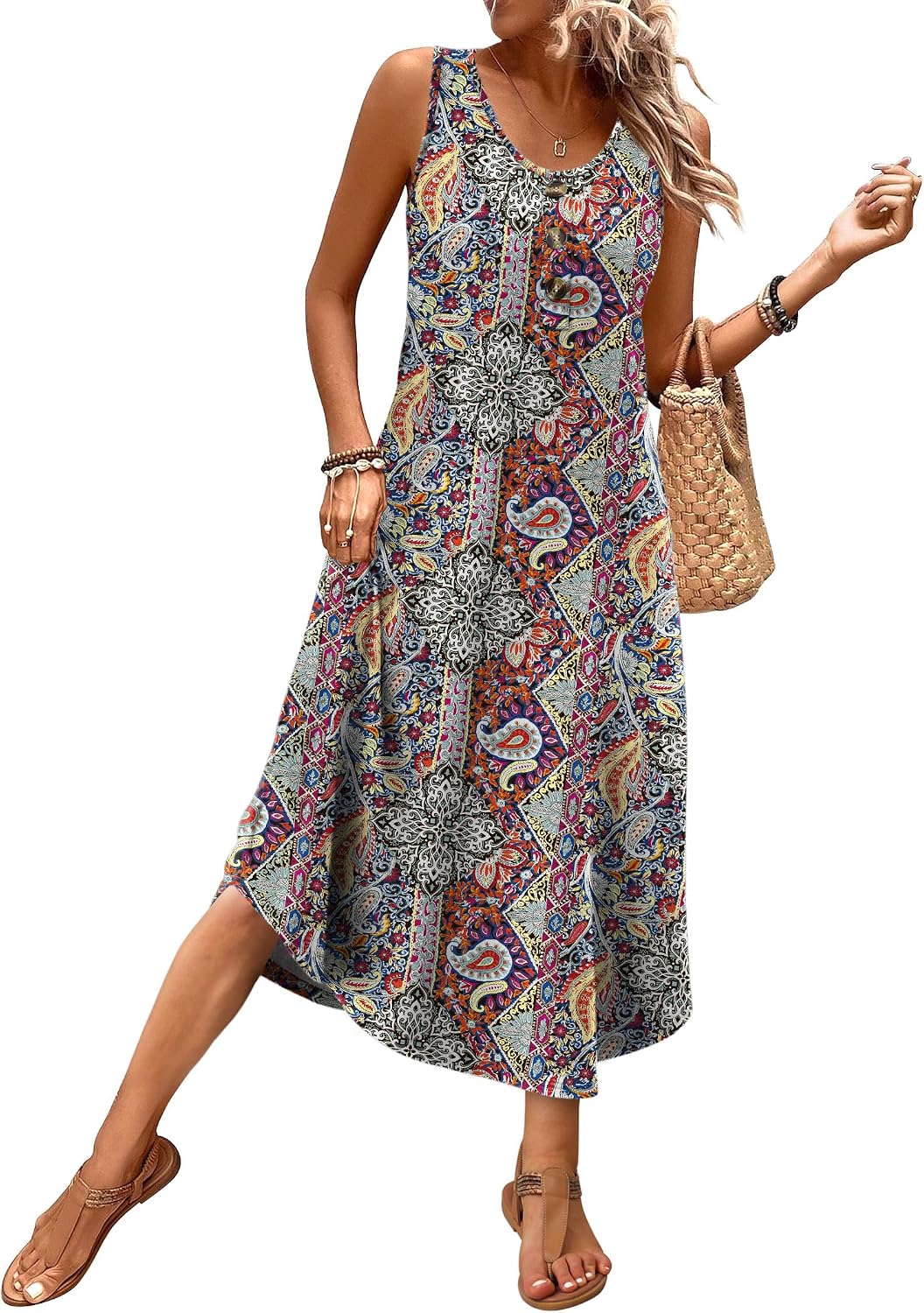 Detalle de WIHOLL Button-Front Sleeveless Summer Midi Dress with Pockets (2026)