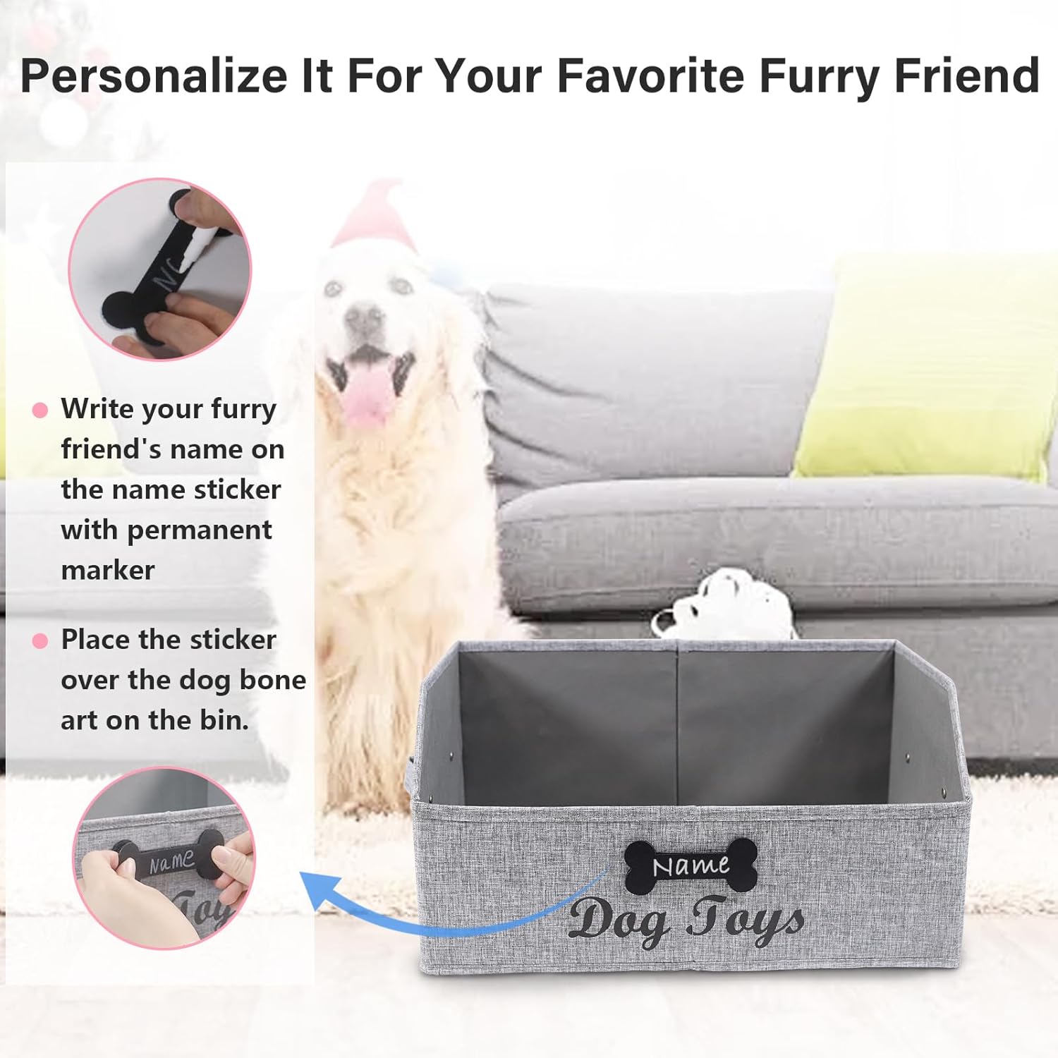 Detalle de Geyecete Foldable Fabric Trapezoid Organiser Box (Grey) – personalised dog toy bin with handle
