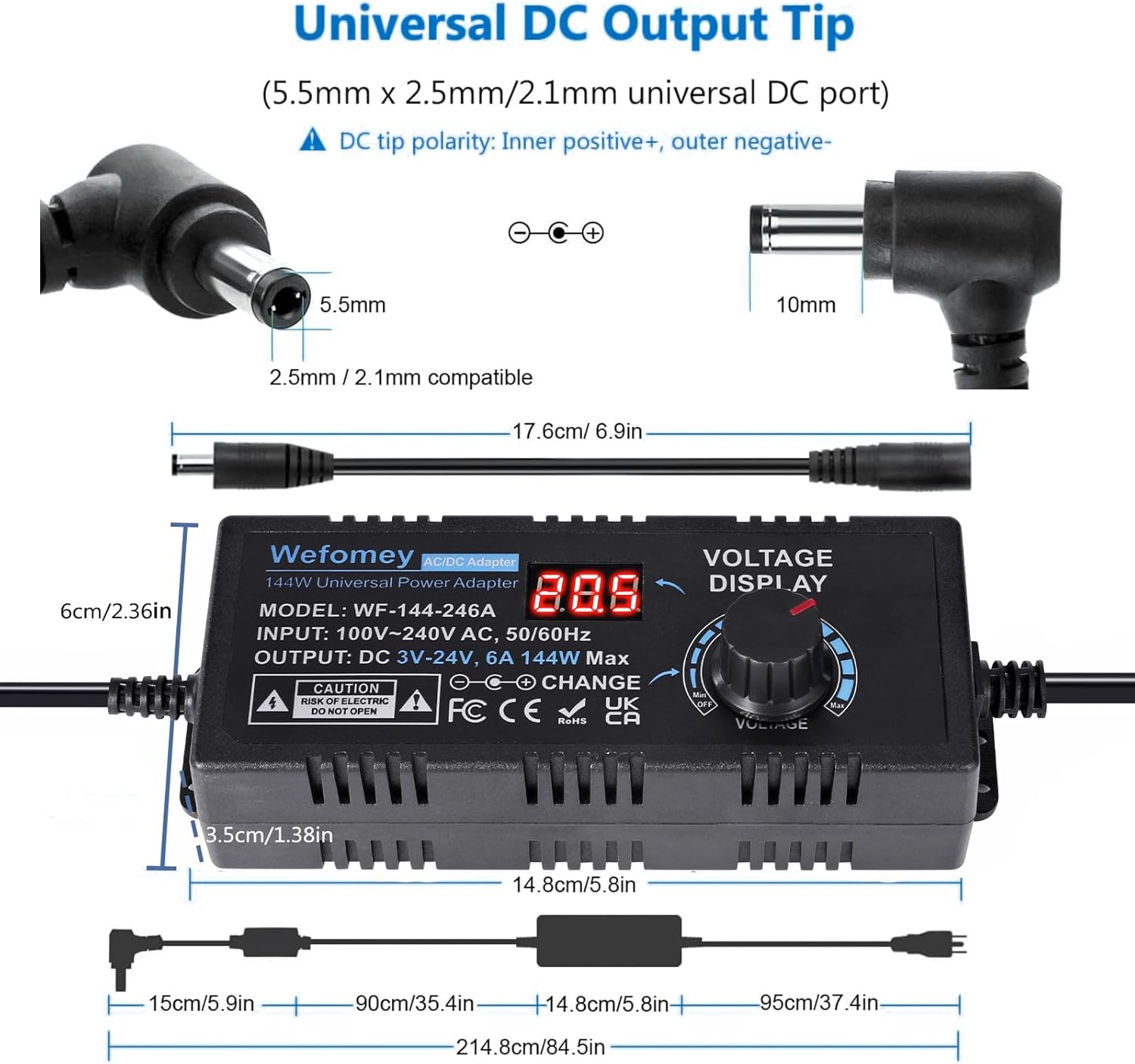 Thumbnail 3 de 3V-24V 6A 144W Einstellbares Netzteil Universal Netzteiladapter mit 14 Spitzen – AC 100–240V