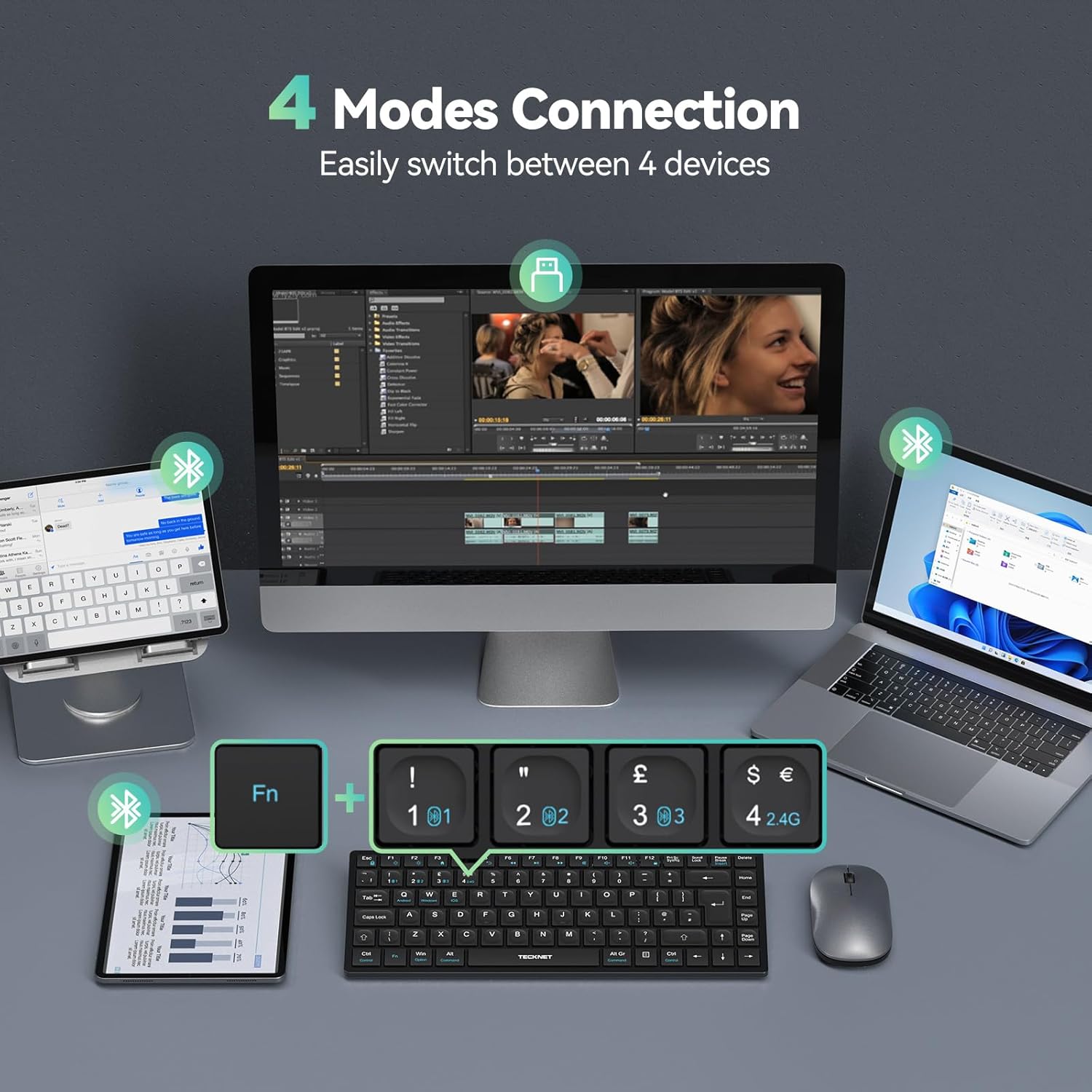 Thumbnail 1 de TECKNET 2.4G Wireless Keyboard (Rechargeable, Bluetooth) – QWERTY UK compact mini keyboard for 4 devices