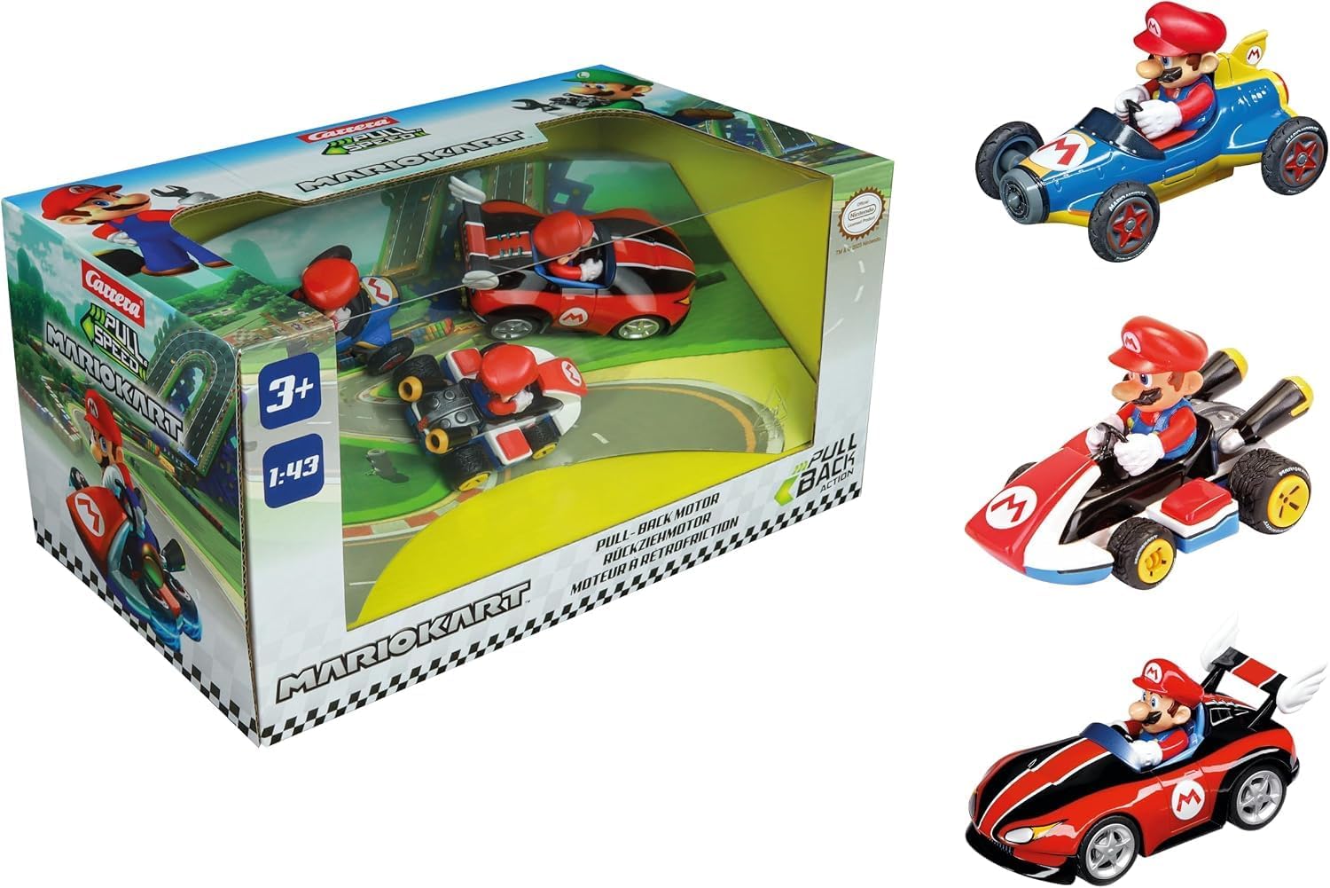 Detalle 2 de Carrera Pull & Speed 15813016 Mario Kart Mario – 3-pack med dragmotor, skala 1:43