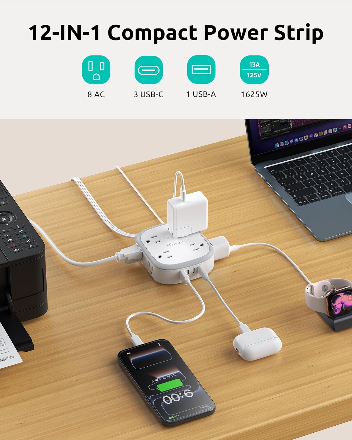 Detalle 2 de NUTICT NT-PS-NA02 Surge Protector Power Strip, 8 AC Outlets, 4 USB Ports