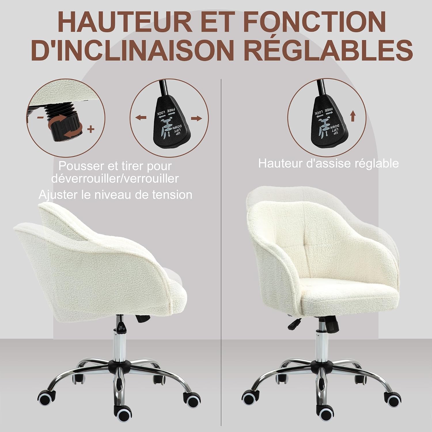 Thumbnail 3 de HOMCOM Chaise de bureau ergonomique en peluche Teddy avec hauteur réglable et pivot 360° (crème)