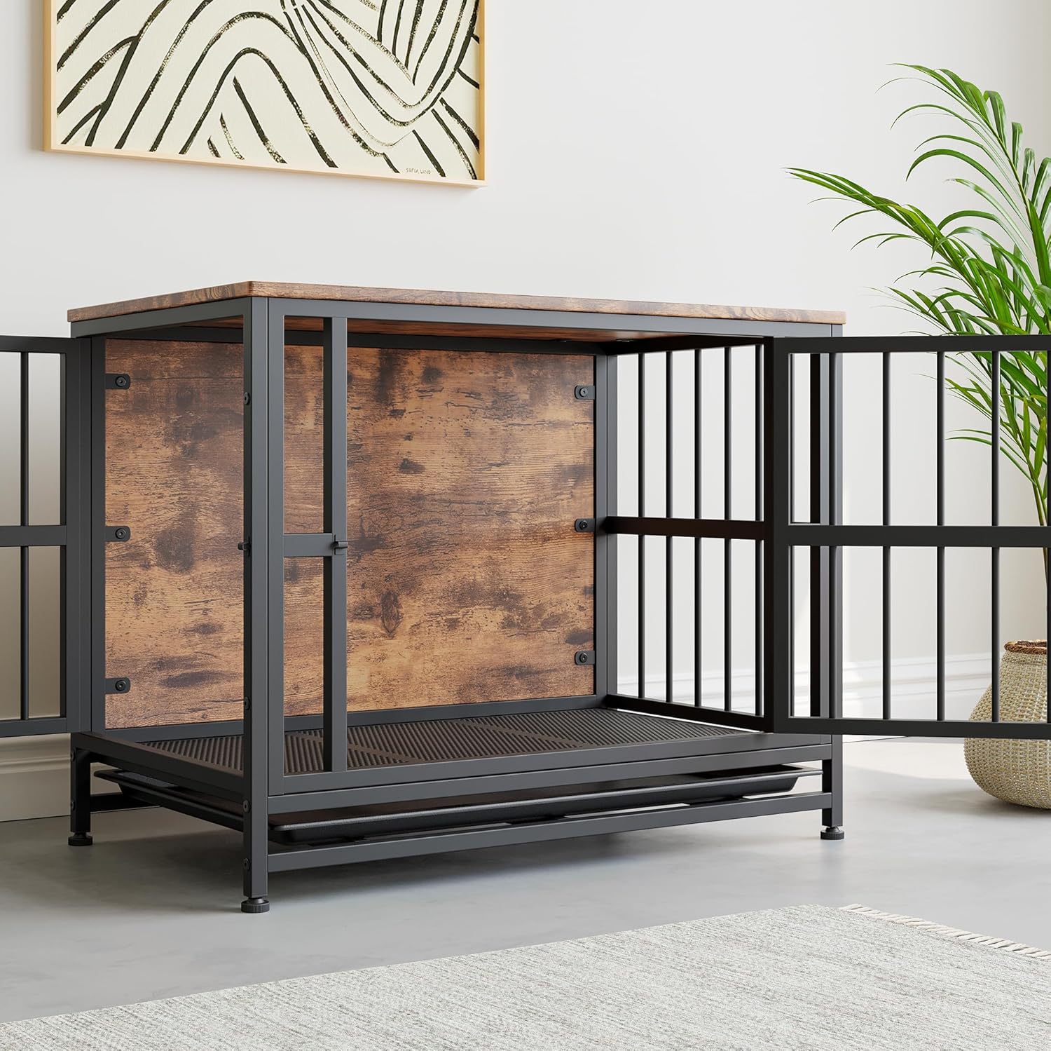Detalle de BORPHOM 32.68" Wooden Dog Crate Furniture – Large indoor kennel with 2 doors and removable tray