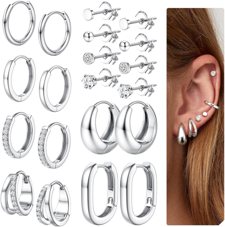 Thumbnail 1 de Dochais Ohrringe Gold/Silber Set (10 Paar) aus 316L Chirurgenstahl, Huggie-Creolen & Stecker mit Zirkonia