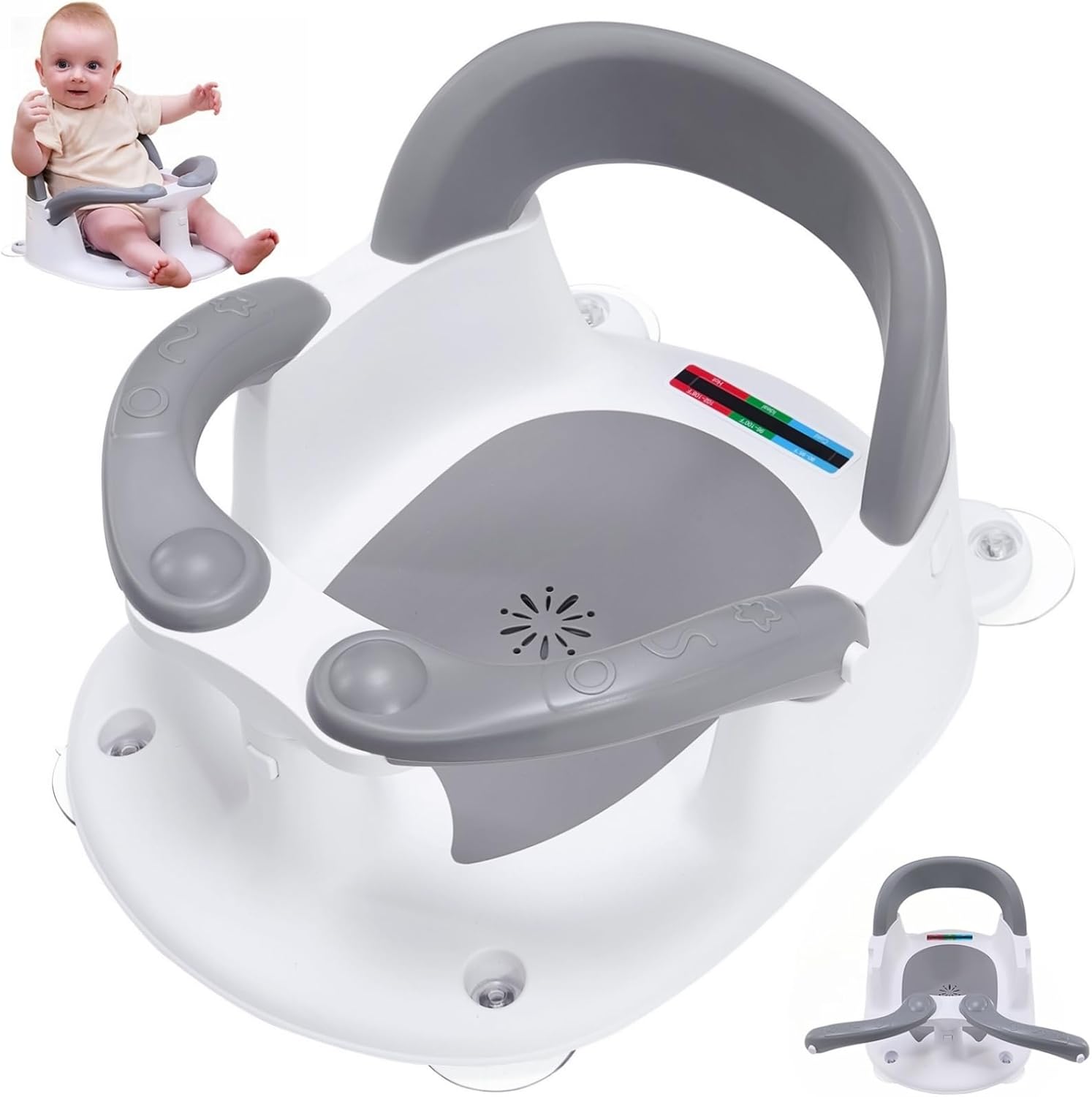MAIKKB Baby Bath Seat 6 Months Plus with Temperature Alert & Suction Cups (Grey)