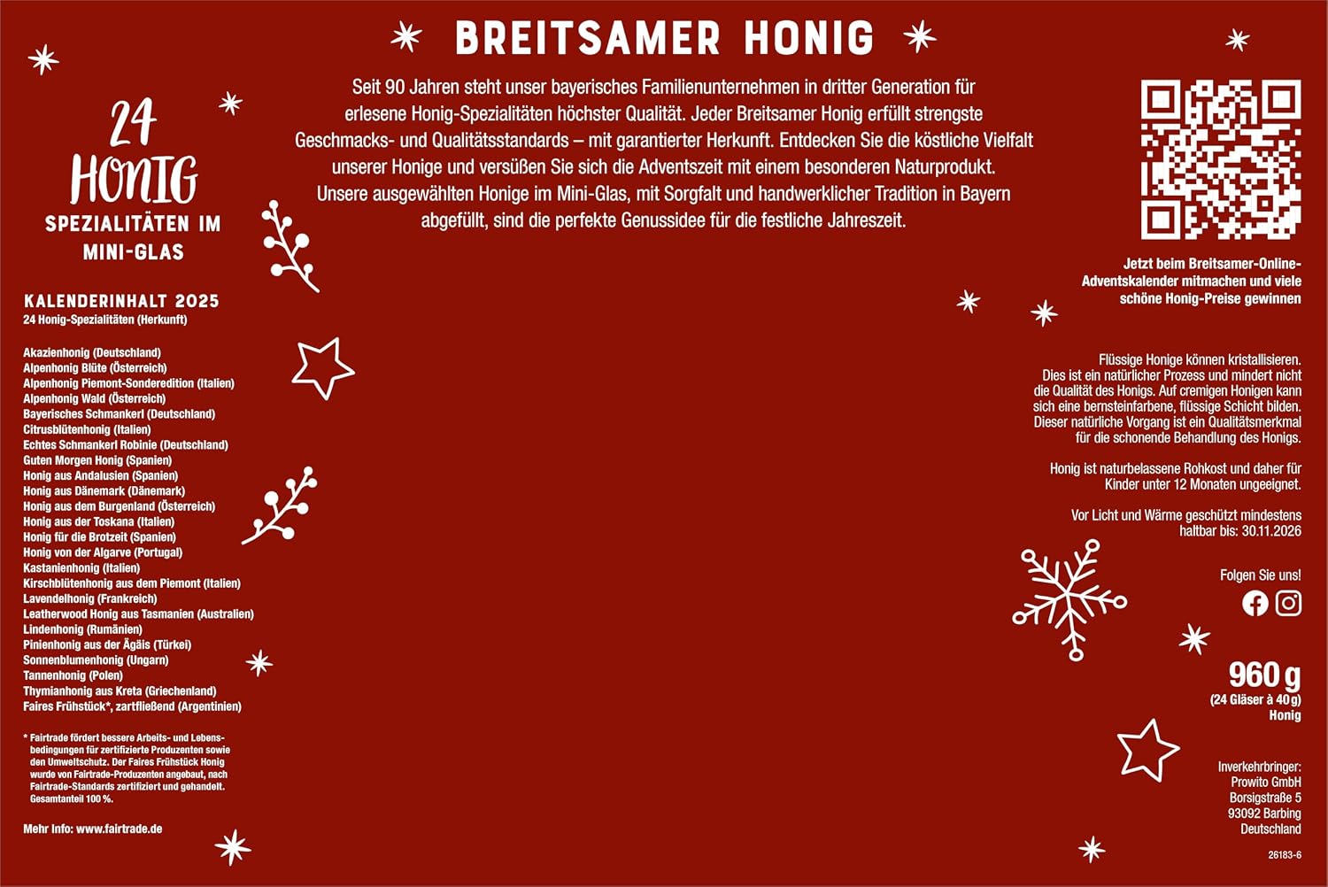 Detalle de Breitsamer Honig-Adventskalender 2025 – 24 Honig-Spezialitäten im 40 g Glas