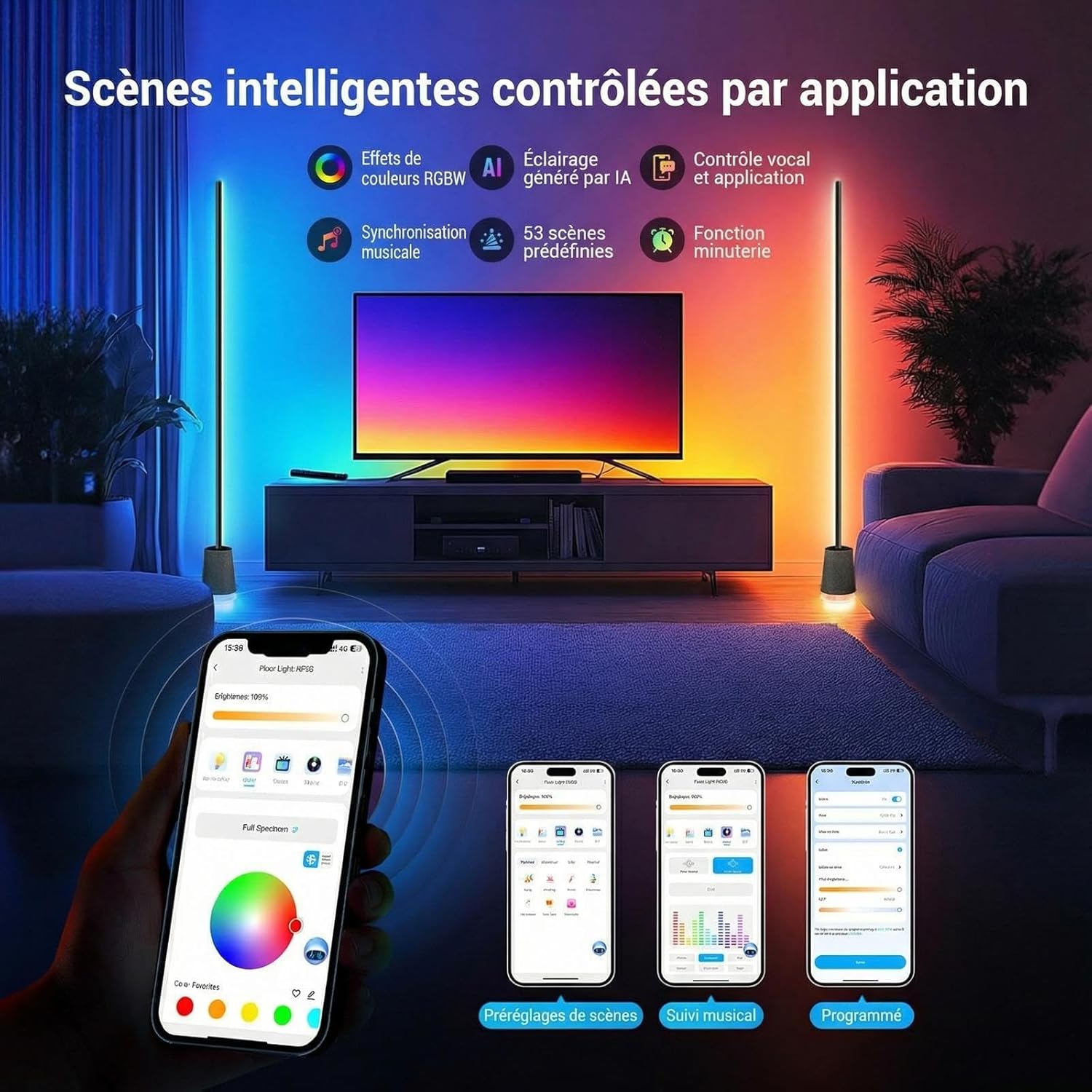 Thumbnail 5 de NEEWER NF06 Lampadaire intelligent LED RGBCW 1500 lm (165 cm) avec commande vocale, app et synchronisation musicale