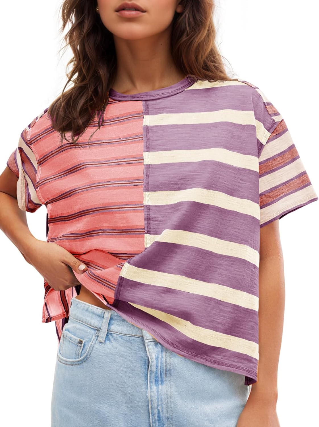 Thumbnail 6 de Tankaneo Women's Summer Striped Color Block Tees: Loose Fit Crew Neck Short Sleeve Top