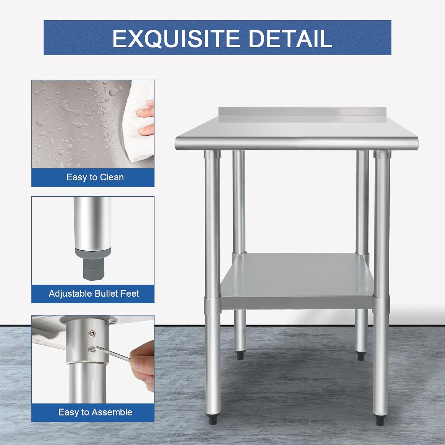 Thumbnail 3 de HARDURA Stainless Steel Prep & Work Table 24 x 30 Inches with Undershelf and 2" Backsplash (NSF)
