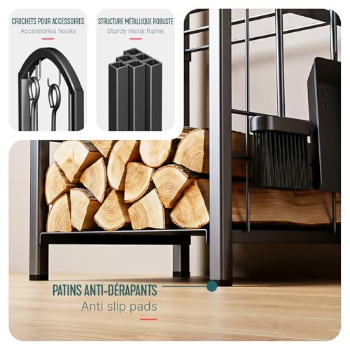 Thumbnail 6 de VOUNOT Porte-Bûches de Cheminée grande capacité avec 4 outils et 2 étagères – 75×38×38 cm, Noir