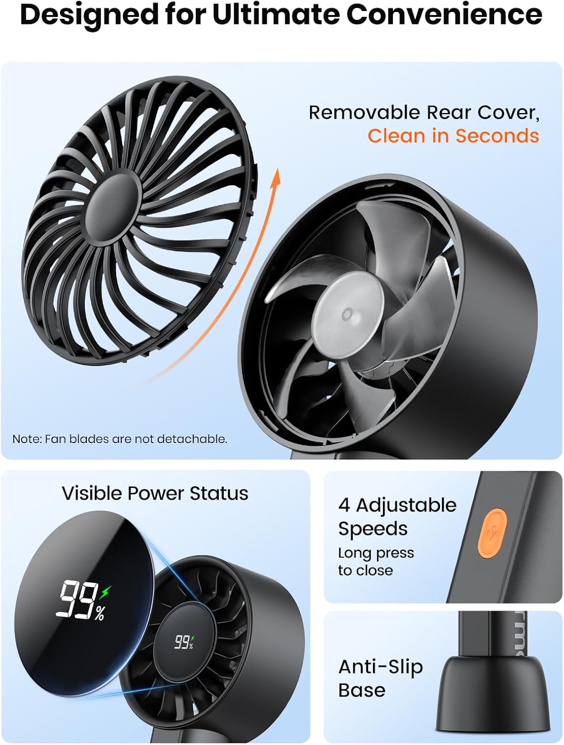 Thumbnail 3 de Warmco Portable Handheld Turbo Fan 5000mAh – 4 Speeds, USB Rechargeable, with Base and Lanyard