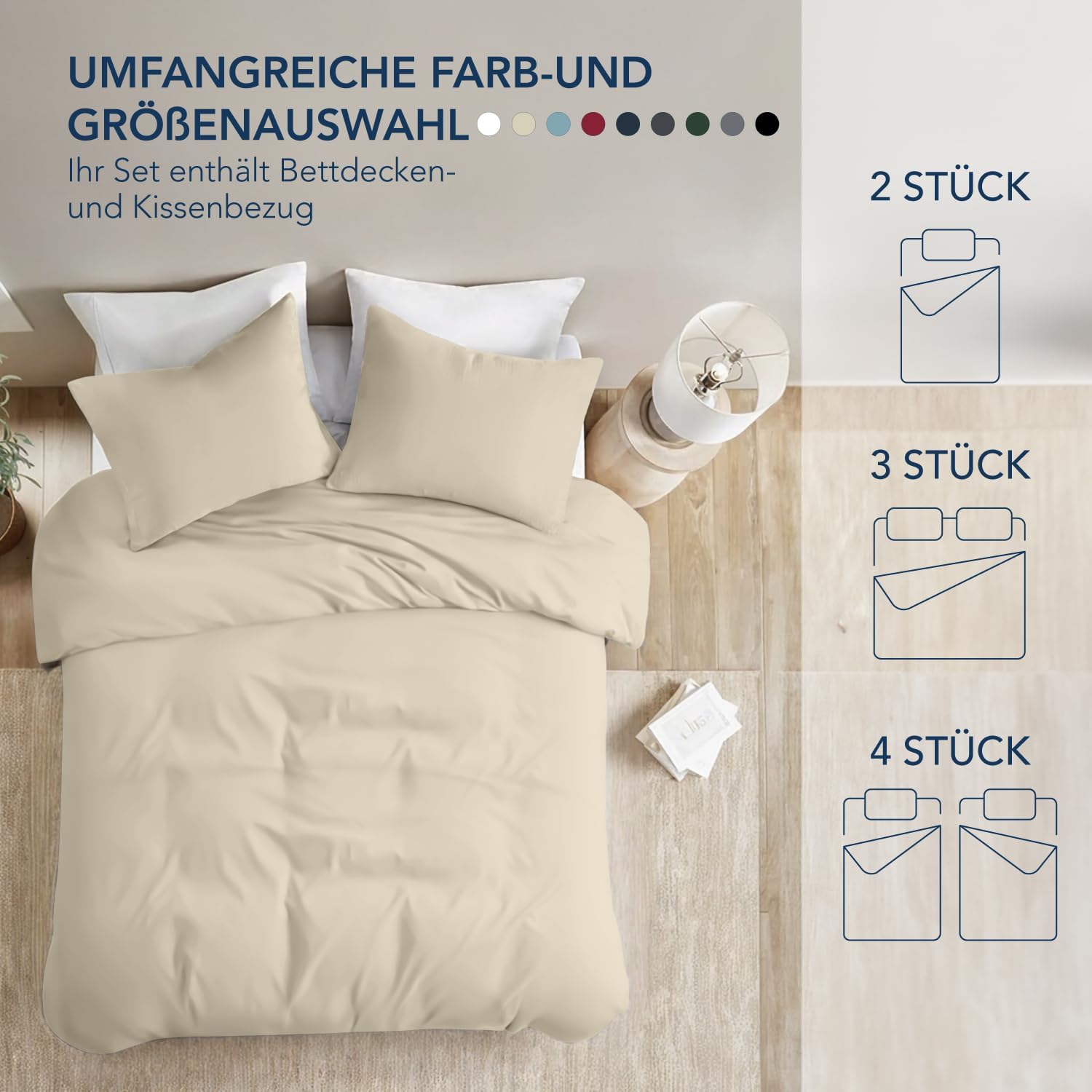 Detalle 2 de Dreamzie Bettwäsche-Set 135x200 cm (4-teilig) Beige – Mikrofaser mit 2 Kissenbezügen 80x80