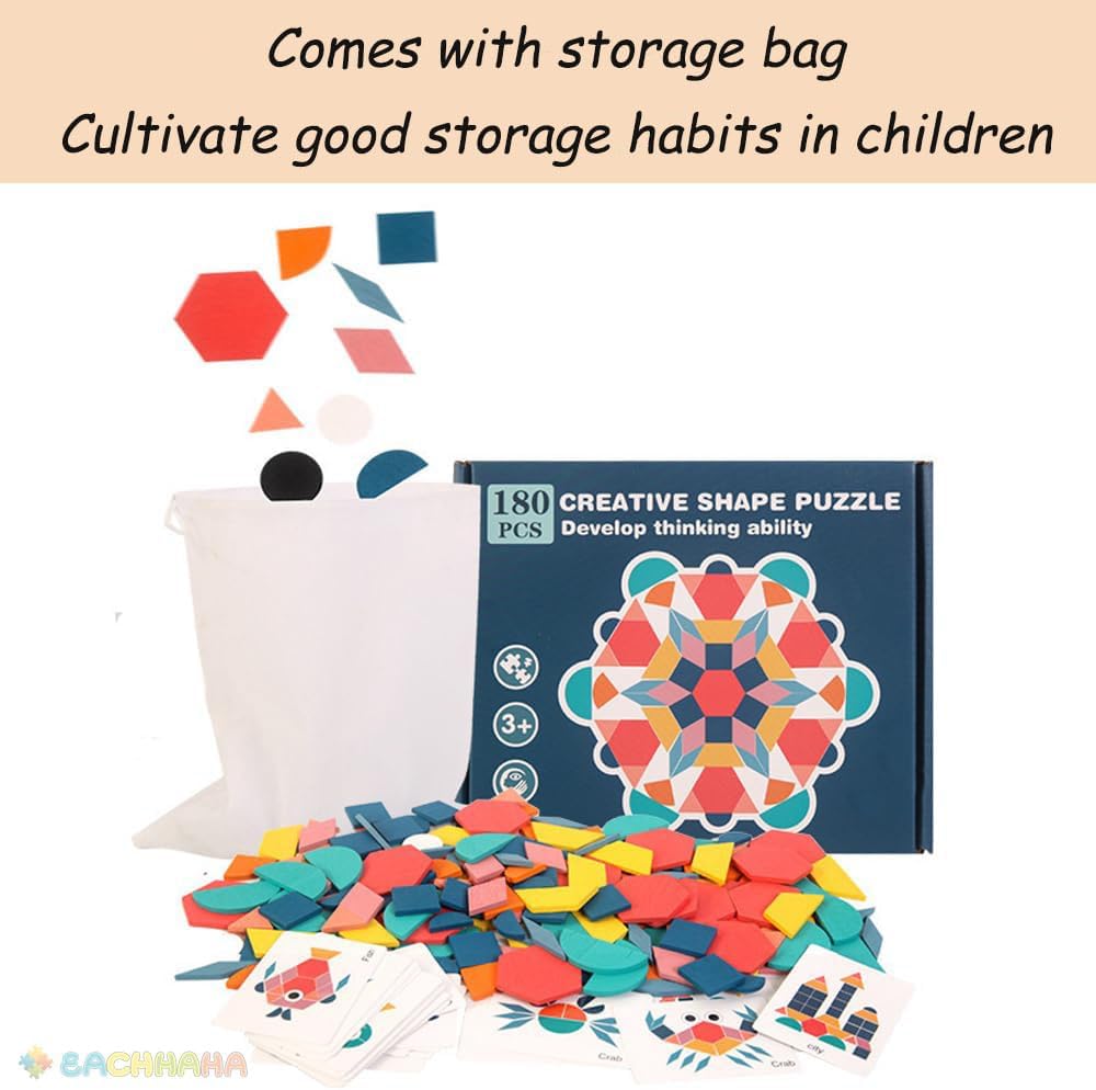 Detalle de EACHHAHA Tangram Shape Puzzle – 180 Wooden Pattern Blocks for Creative Learning (Ages 3–6)