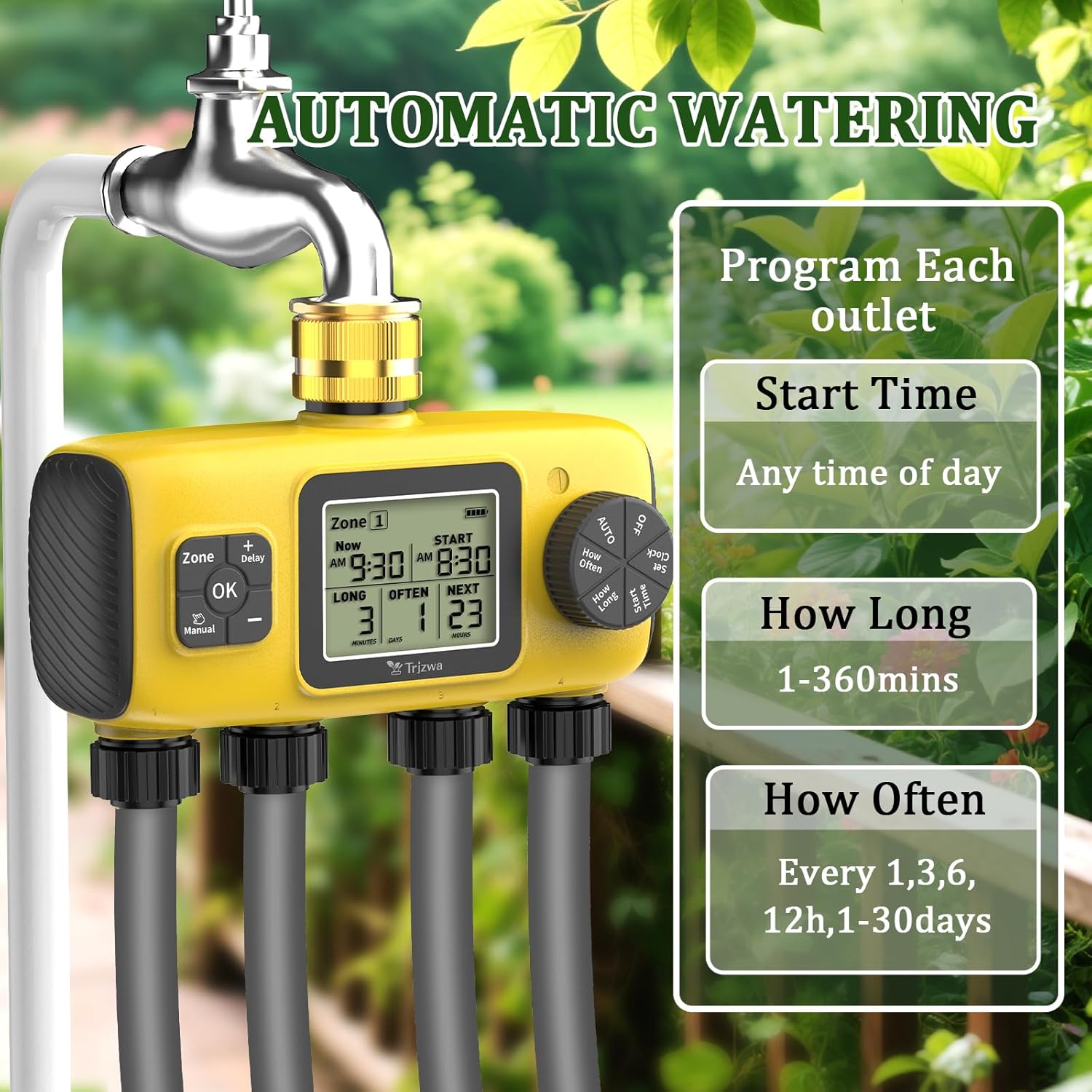 Thumbnail 2 de TRJZWA Centralina di irrigazione individuale a 4 zone con LED, timer e ritardo pioggia (IP55)