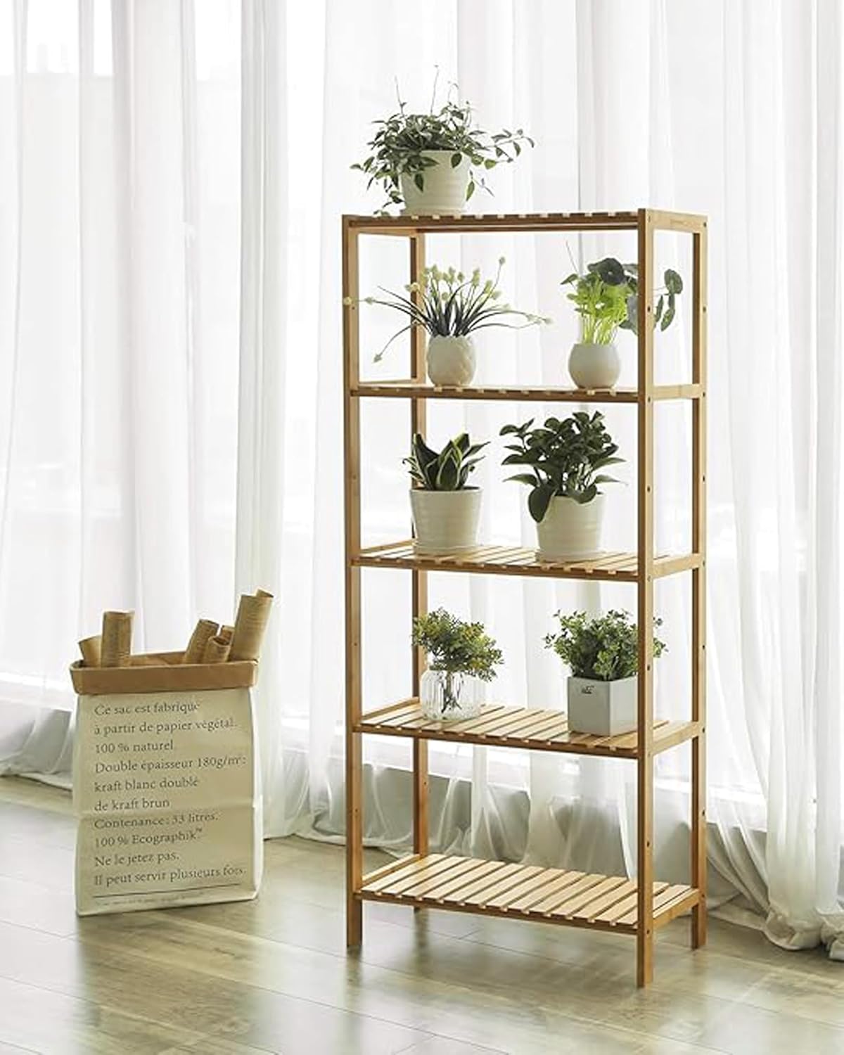 Detalle de SONGMICS BCB35Y Bamboo 5-Shelf Floor Storage Rack — Adjustable Heights in Natural Finish
