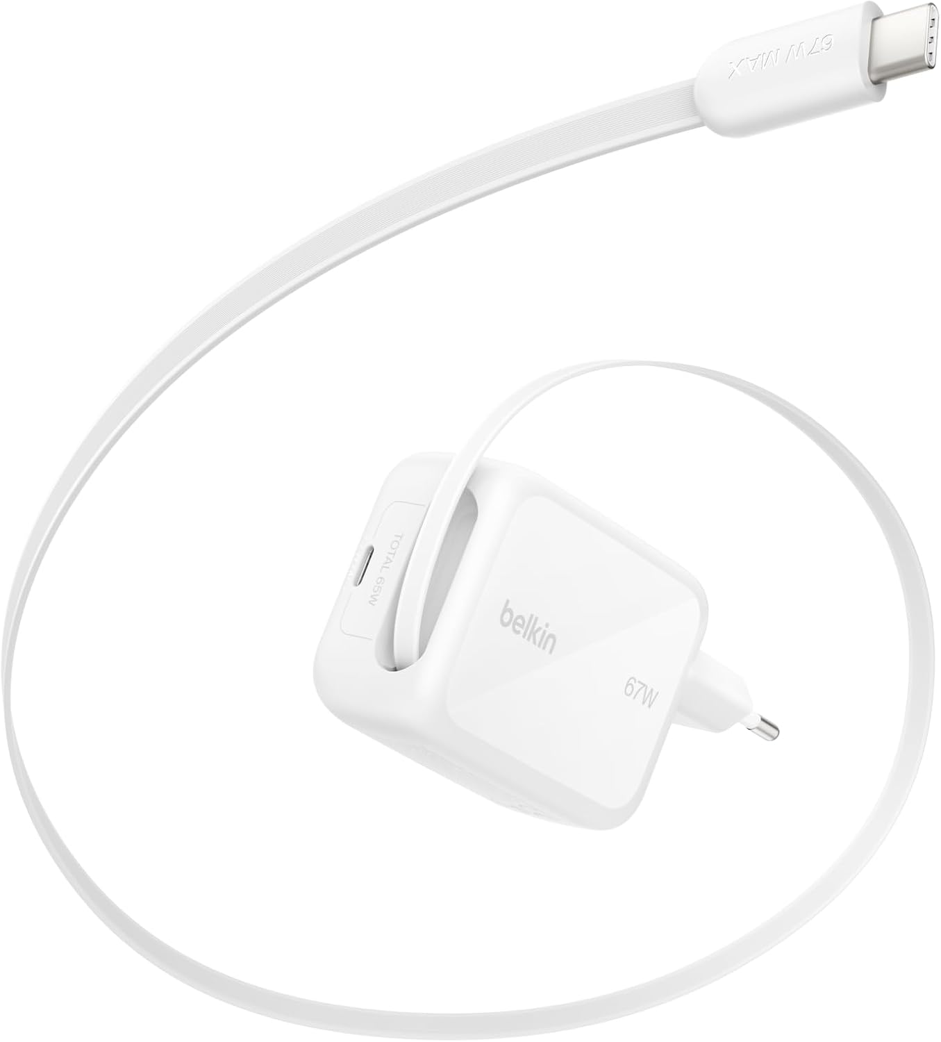 Detalle de Belkin Chargeur USB-C GaN 67 W avec câble rétractable 1 m – PD PPS et charge simultanée
