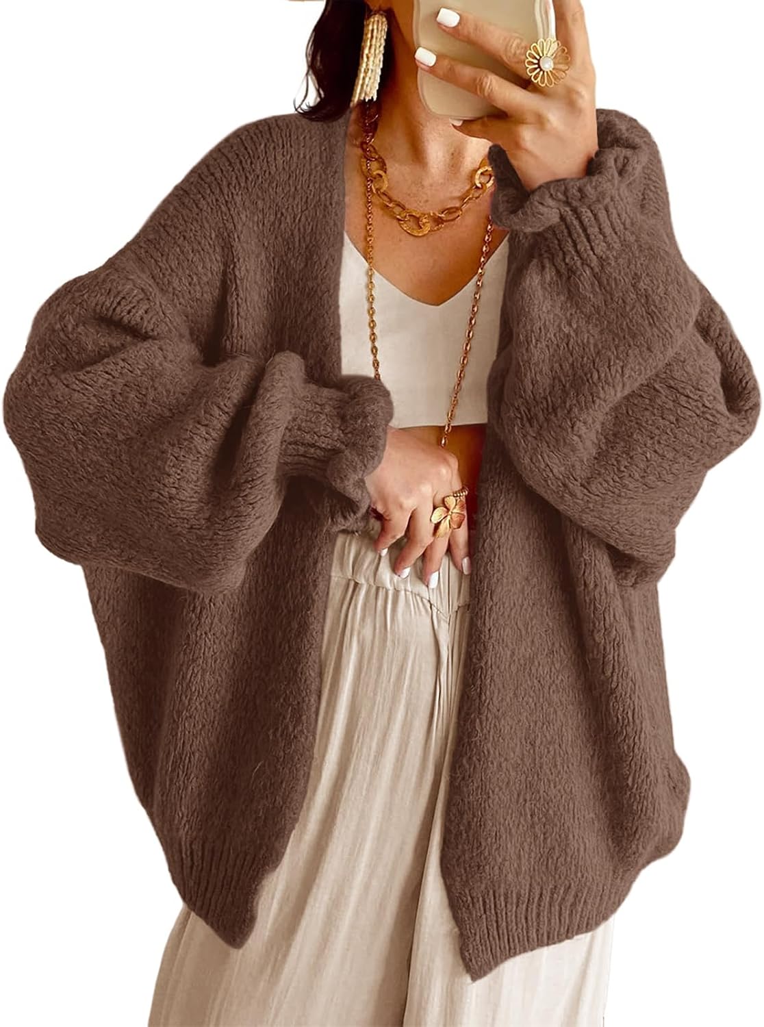Detalle de Saodimallsu Women's Oversized Cardigan Sweater with Ruffle Lantern Sleeves