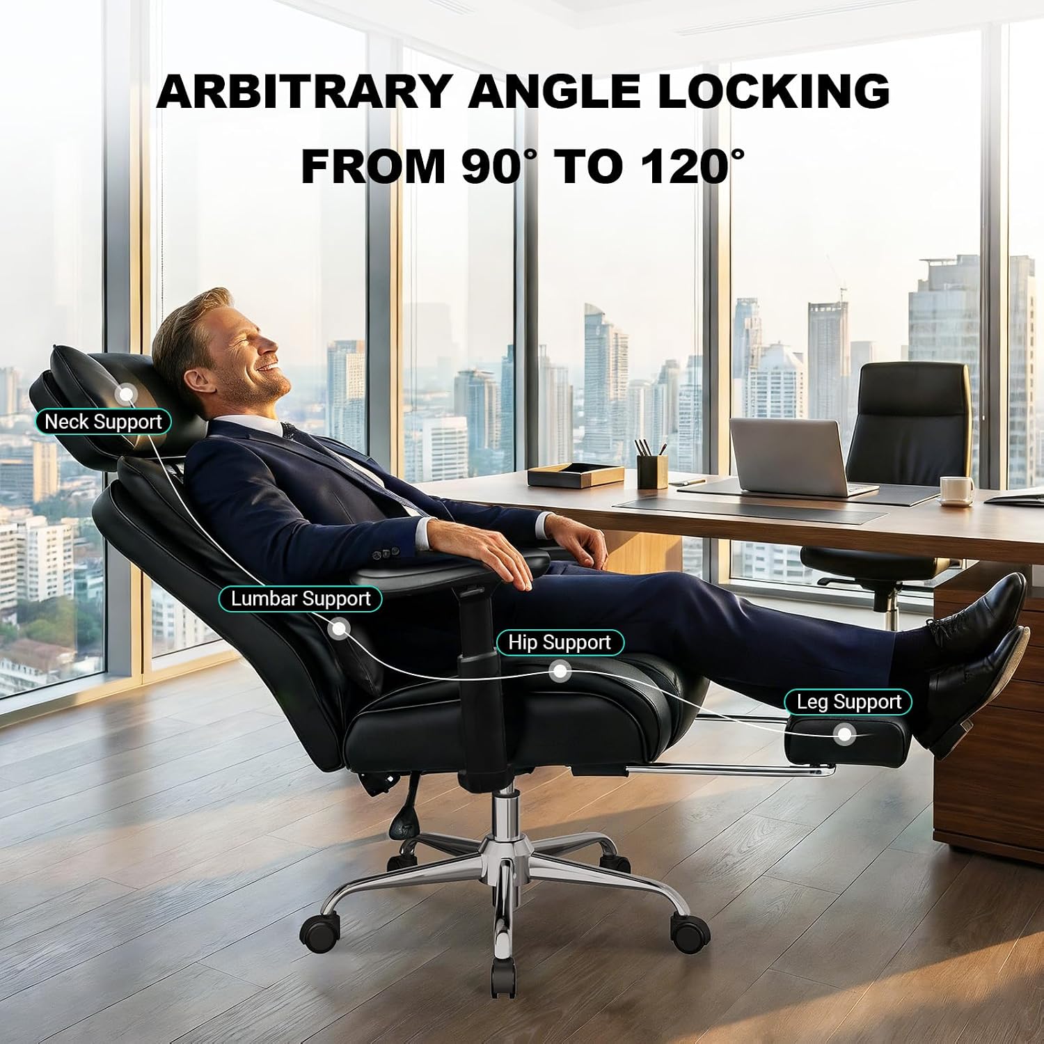 Thumbnail 5 de BASETBL Office Chair Heavy Duty: 440lbs/200kg XXL Leather Executive with Headrest, Footrest and 3D Armrests