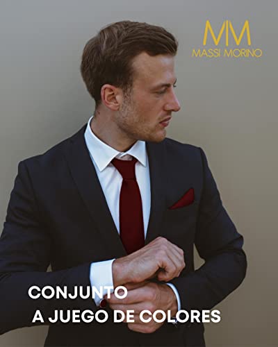 Detalle de Set de Corbata Burdeos Massi Morino 5 en 1 para Hombre: corbata, pañuelo, gemelos y accesorios para boda