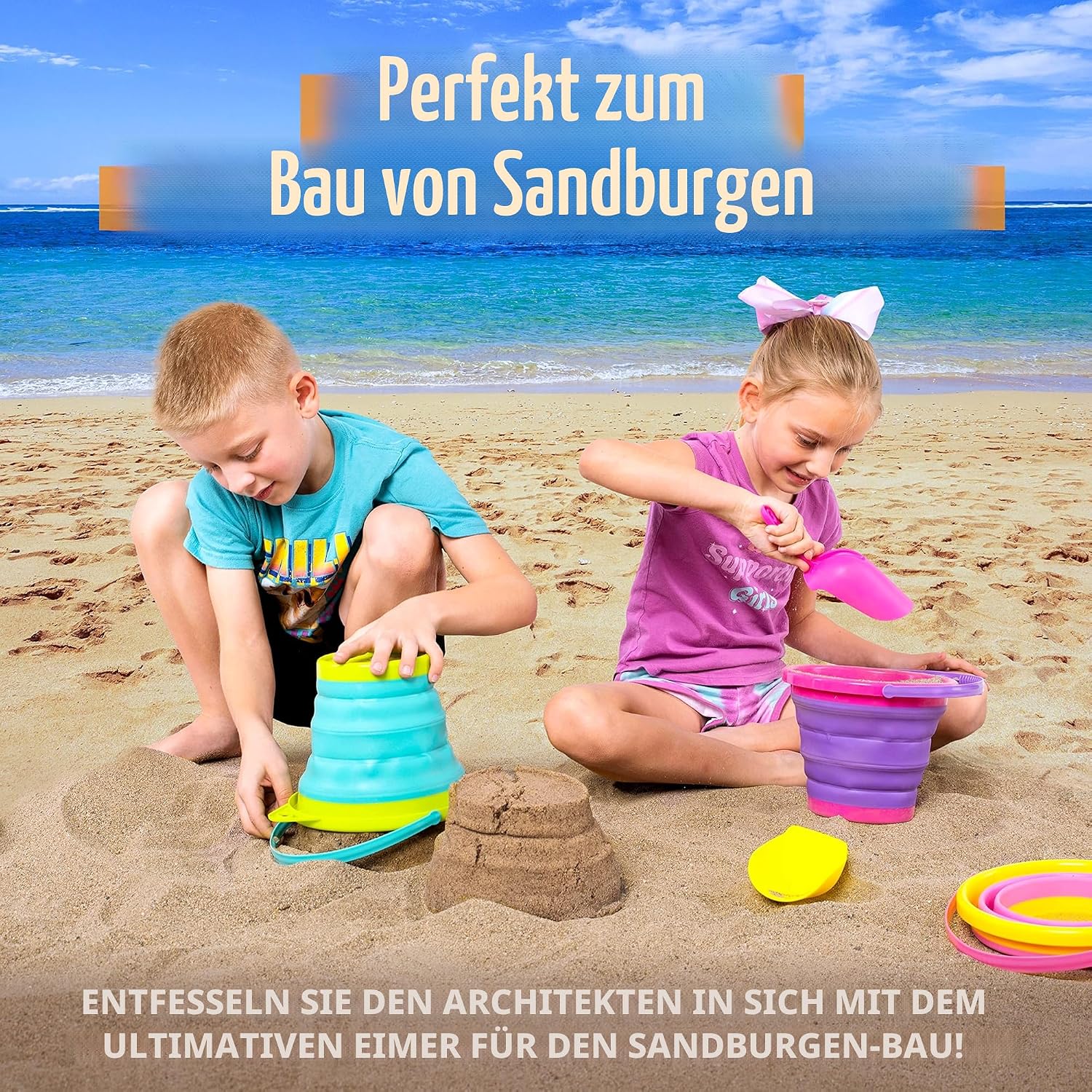 Thumbnail 1 de JOYIN 3er Set faltbare Strand-Eimer mit Netz-Rucksack – Sandkastenspielzeug für Kinder