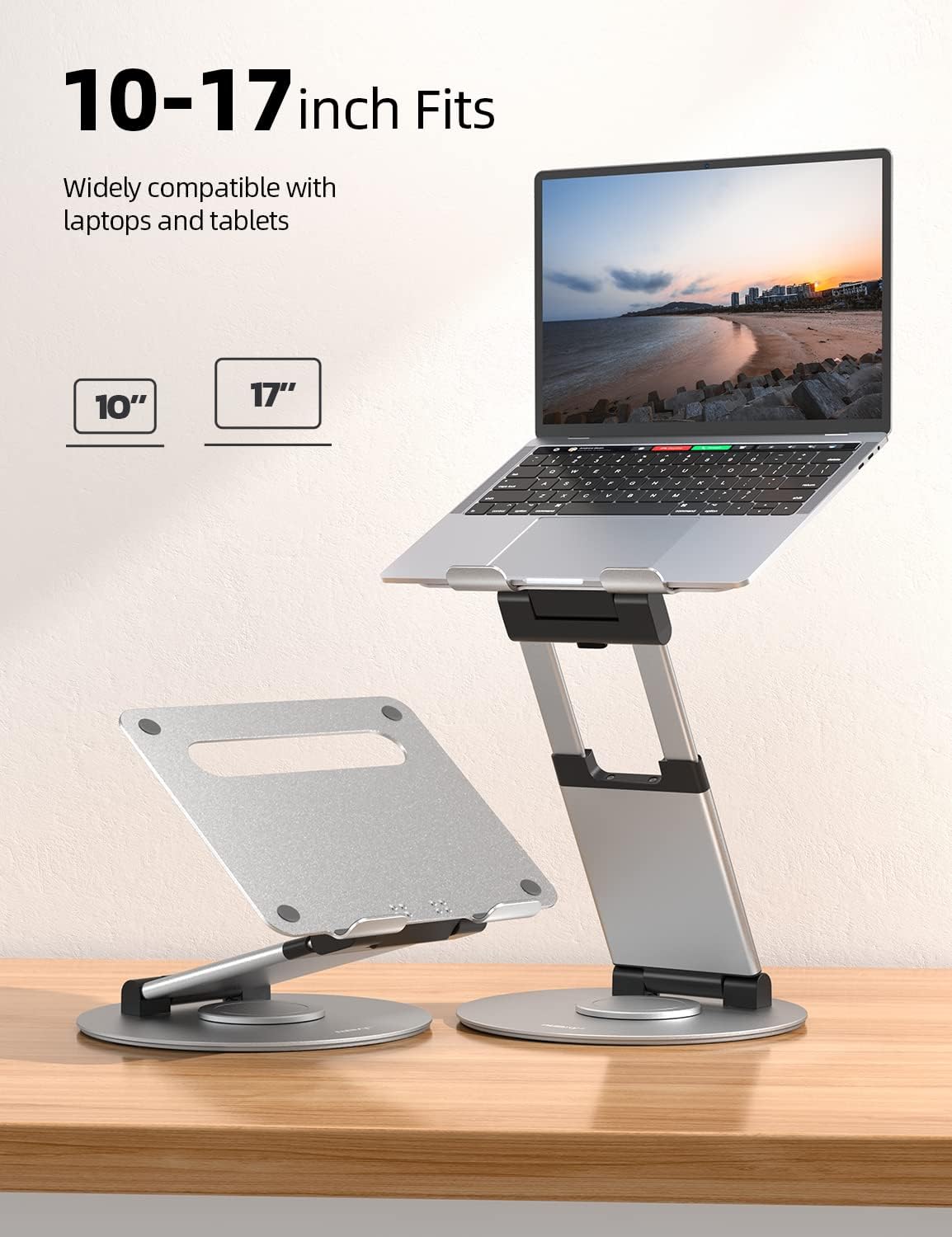 Detalle de Nulaxy Telescopic 360 Rotating Laptop Stand (Adjustable Height & Swivel) for 10–17" Laptops, Silver