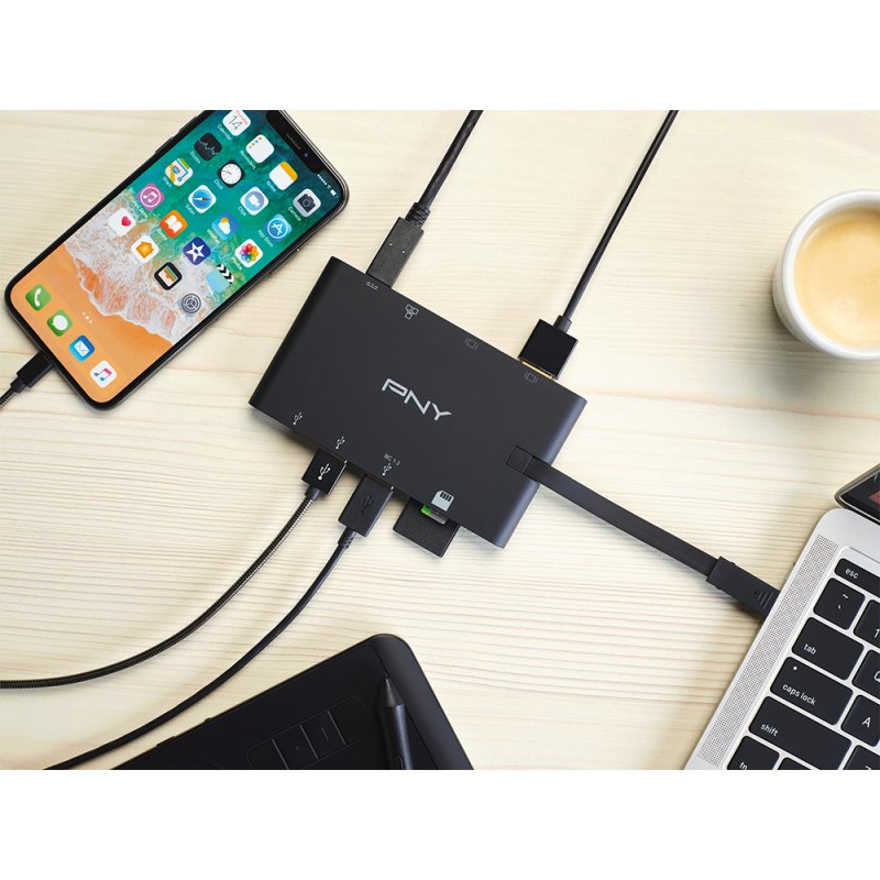 Detalle de PNY A-2UF-2TC-K01-RB Mini Dock: base USB‑C multifunción con HDMI, VGA, RJ-45 y carga PD 100W