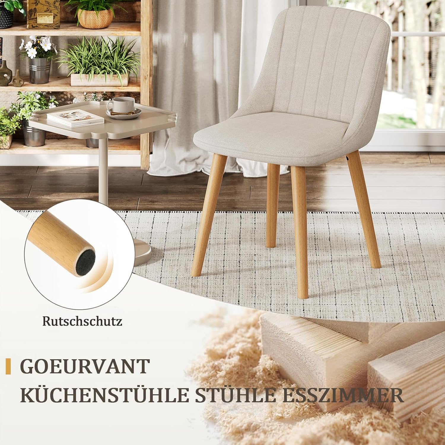 Thumbnail 5 de Goeurvant: Sedie per tavolo beige in poliestere con gambe e schienale in legno massiccio (set da 4)