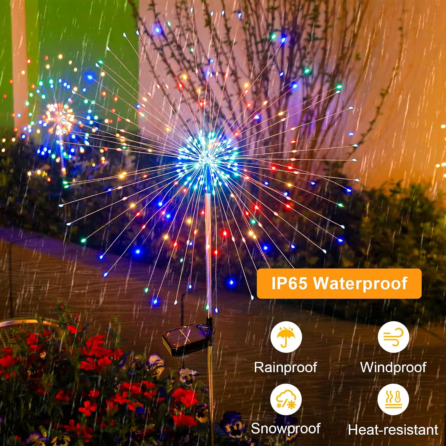 Detalle de Solar Lights Outdoor Garden Solar Firework Starburst Stake Lights (120 LEDs, 8 Modes) – 4 Packs, Warm White