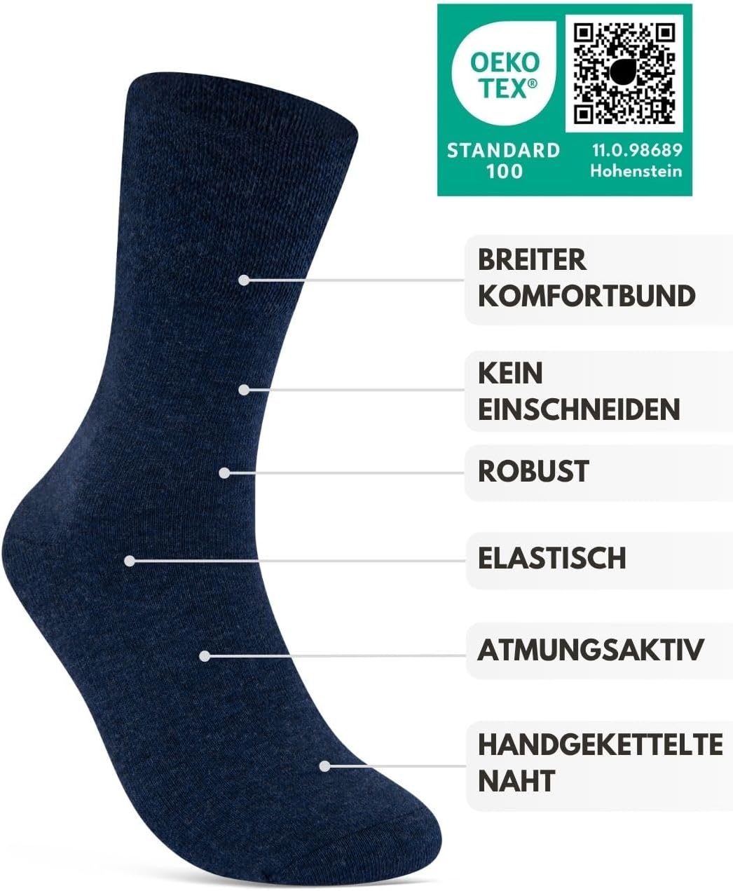 Detalle 2 de sockenkauf24 Diabetikersocken ohne Gummi & ohne Naht – 97% Baumwolle, Komfortbund (6 Paar) für Damen und Herren