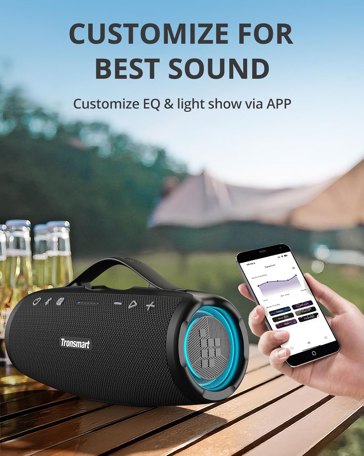 Detalle 2 de Tronsmart Mirtune S100: Cassa Bluetooth Portatile 50W con EQ Personalizzabile, Impermeabile IPX7 e Powerbank