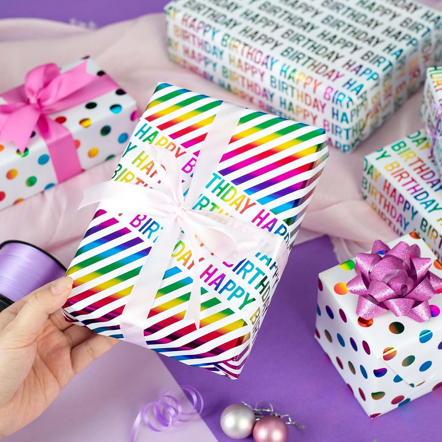 Thumbnail 2 de Wik adlik Geburtstags-Geschenkpapier, 3 Mini-Rollen, buntes Regenbogen-Design