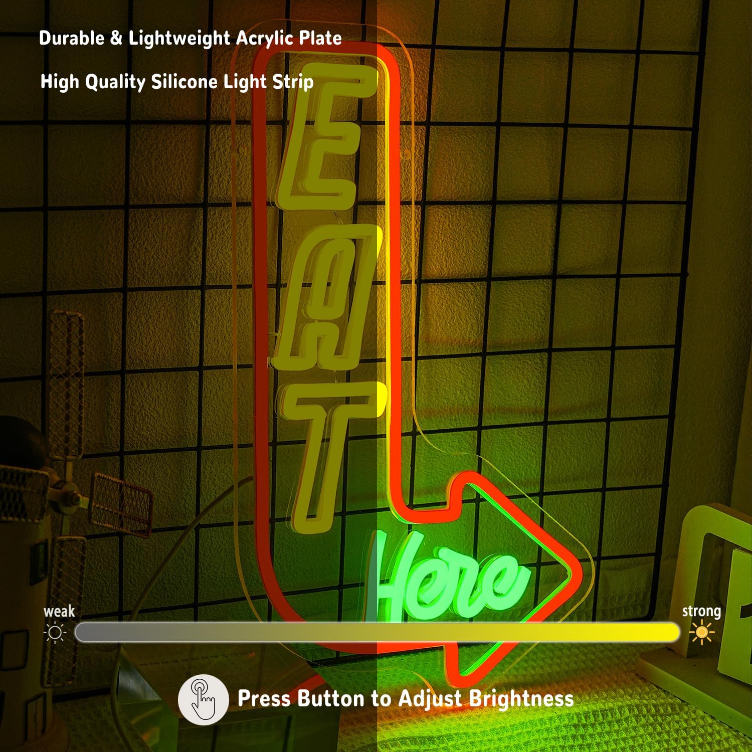 Detalle de LMSIGNLY Eat Here Neon Schild – Pfeil-Neon für Küche, Wohnzimmer und mehr