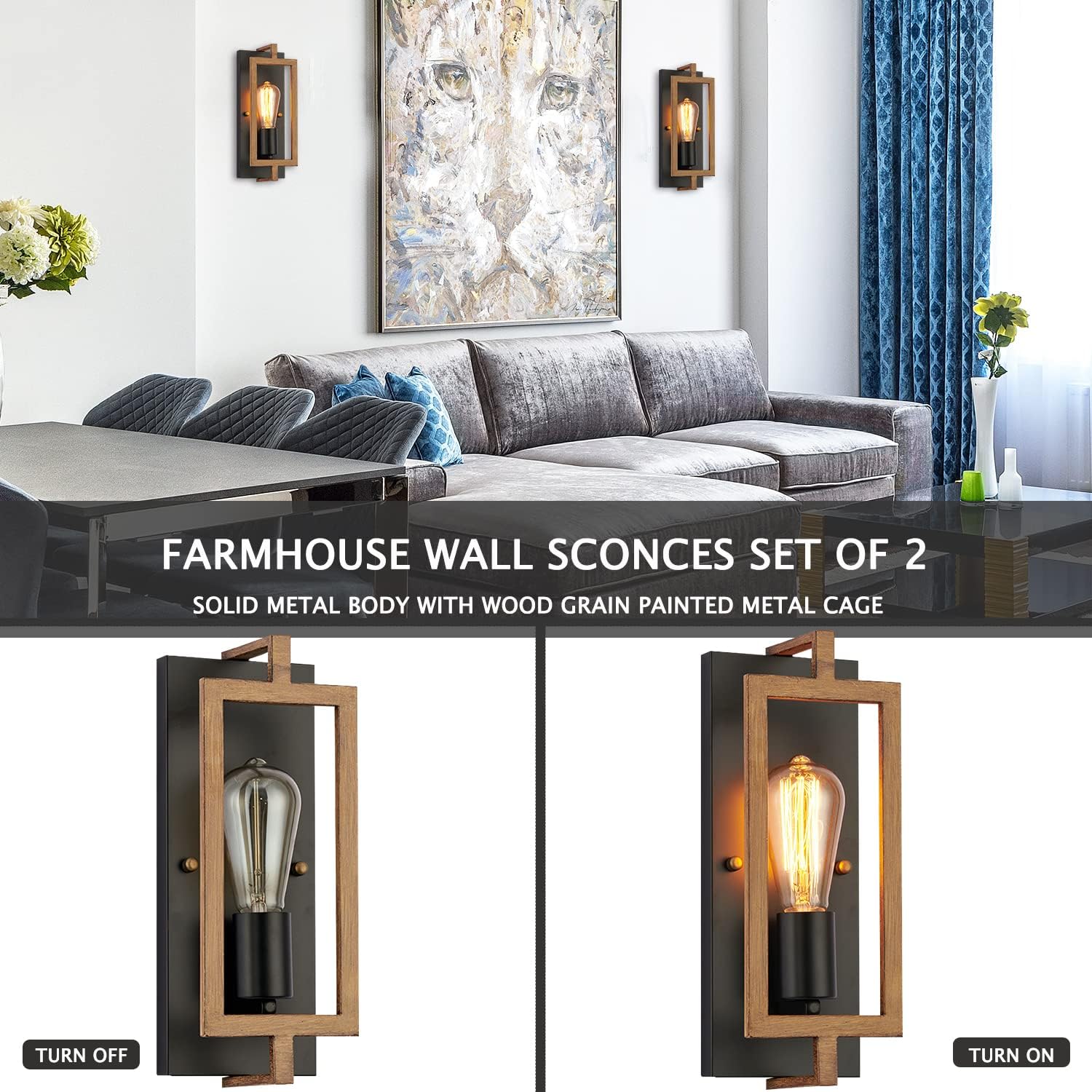 Detalle 2 de Capslpad T15MW06 Industrial Wall Sconces, Set of 2, Metal Wood-Grain Finish