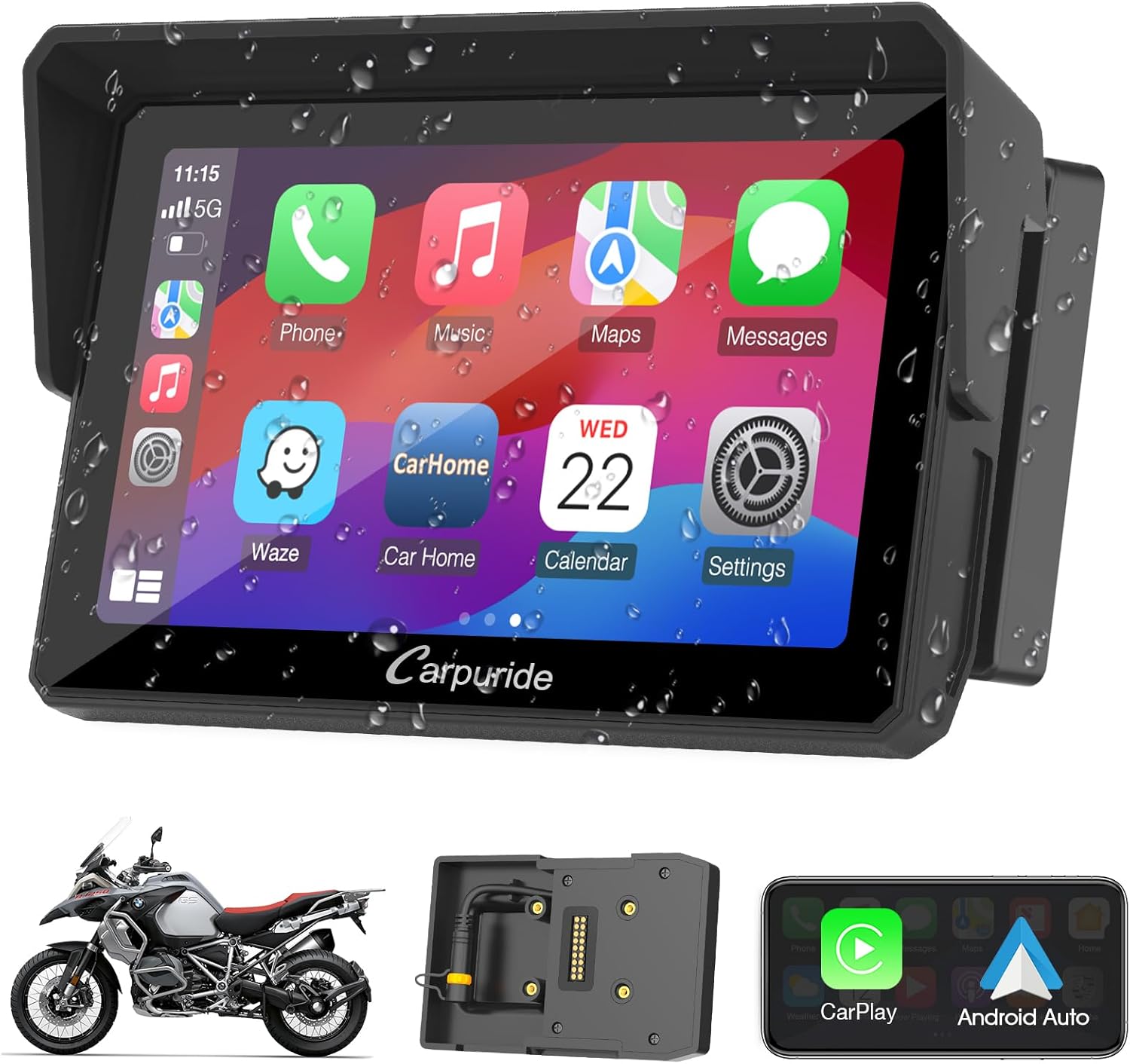 Detalle de Carpuride W502B Motorrad-Carplay-Bildschirm für BMW Motorräder – kabelloses CarPlay/Android Auto, 5 Zoll, IP67